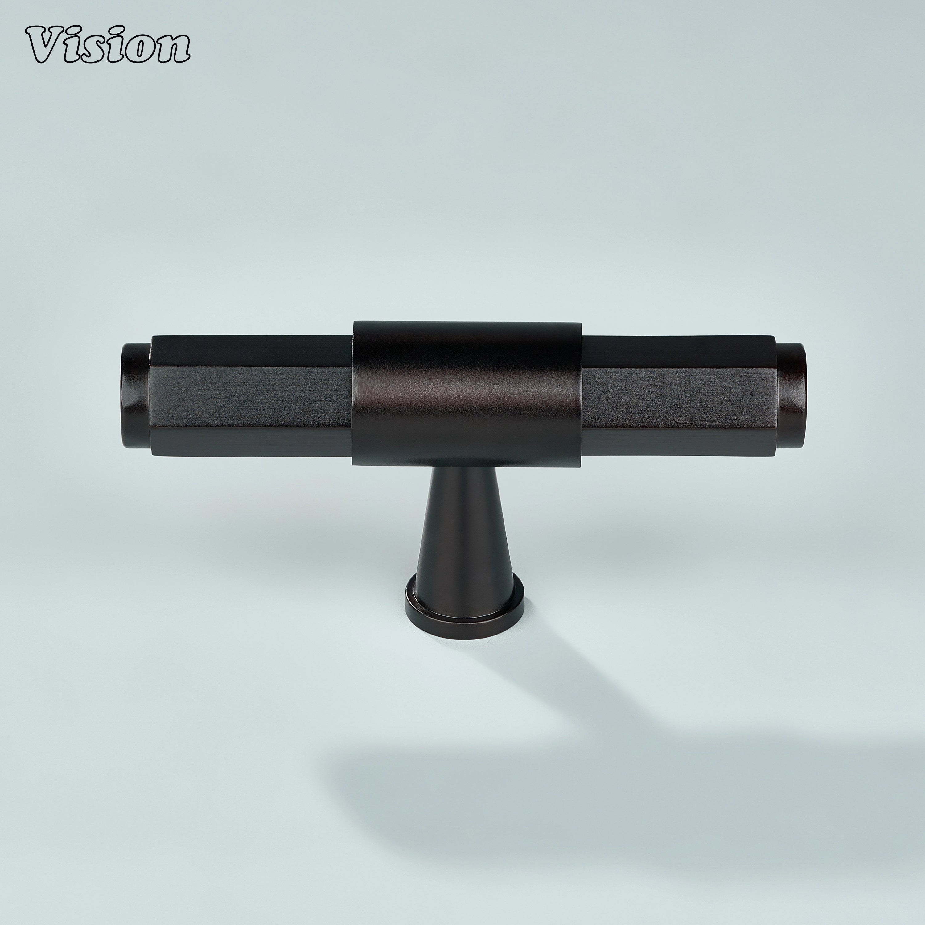 Oil Rubbed Bronze brass T-knob featuring angular styling and circular mount for kitchen drawers