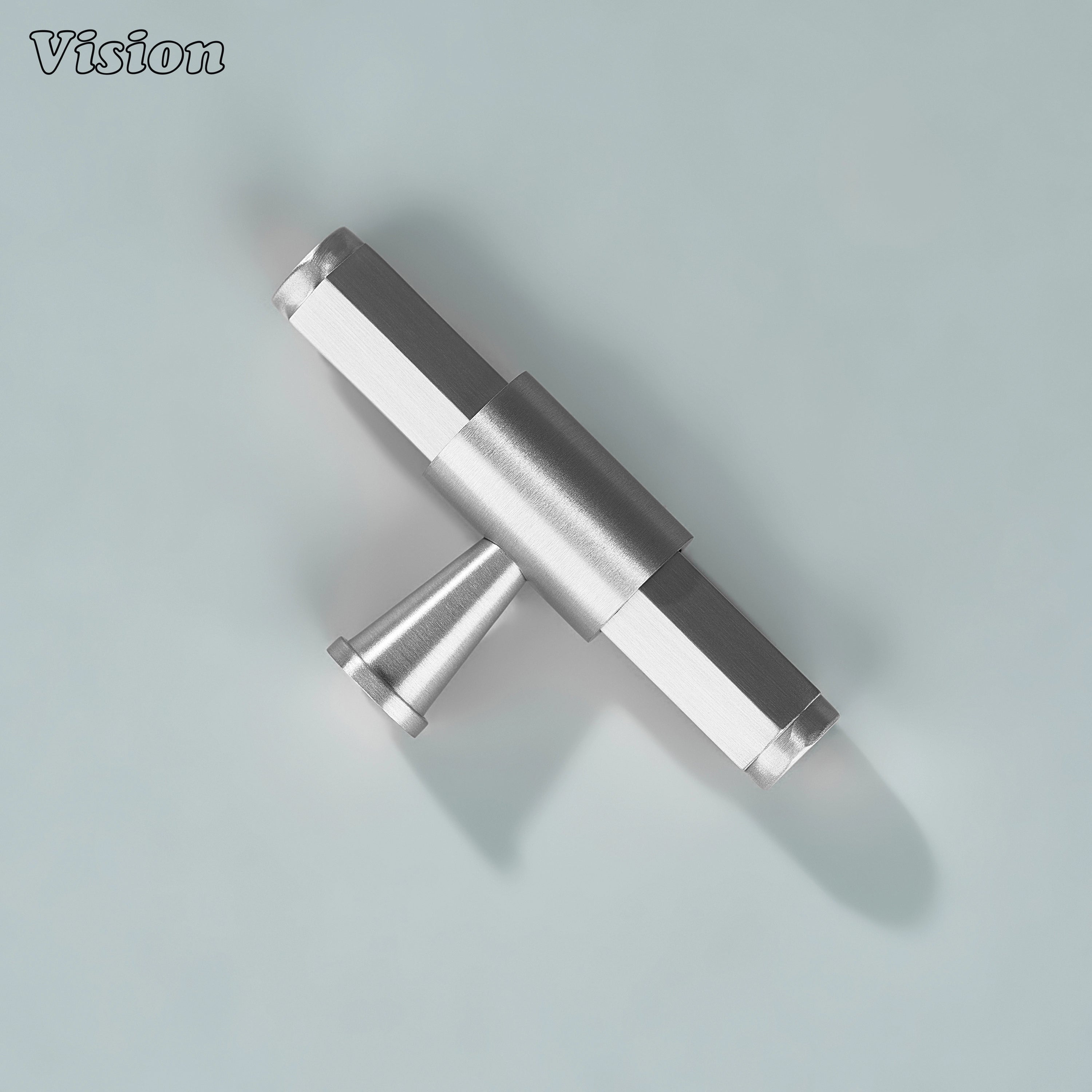 Silver brass T-knob featuring circular mount and angular bar styling for kitchen drawers