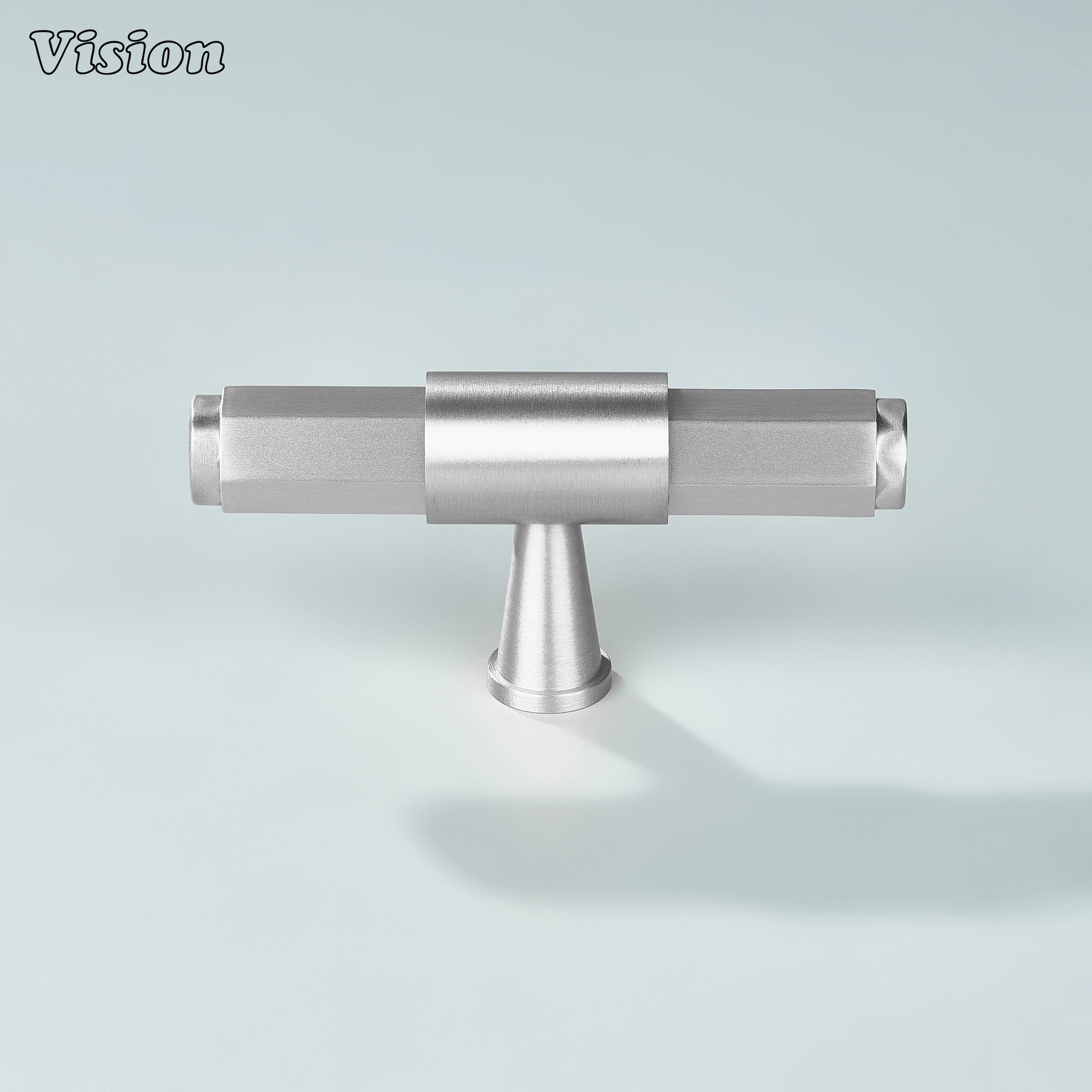 Silver cabinet T-knob with refined ring accent support and extruded ends for wardrobes