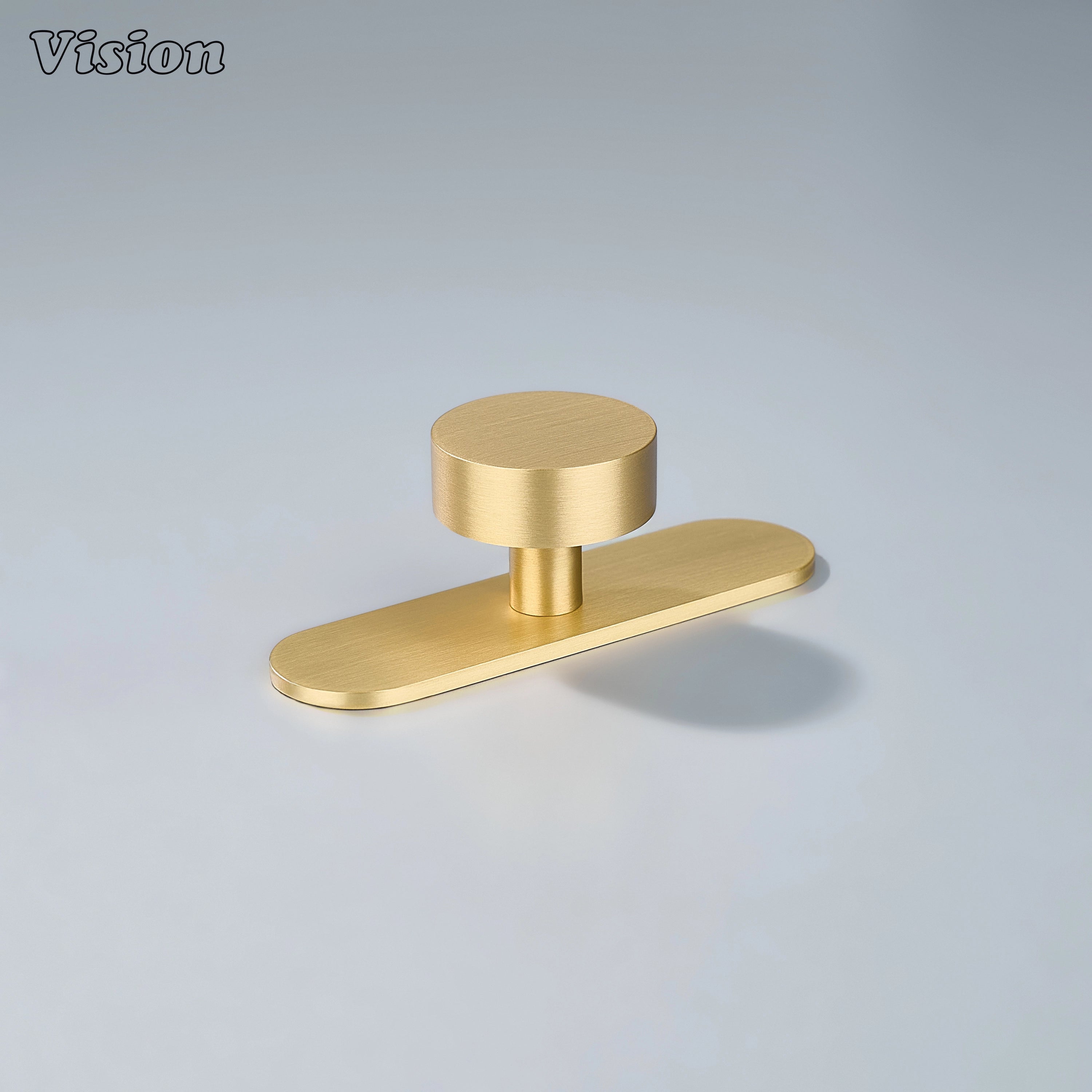 Solid brass cabinet knob with plain round profile in Gold finish on oval backplate for kitchen cabinets