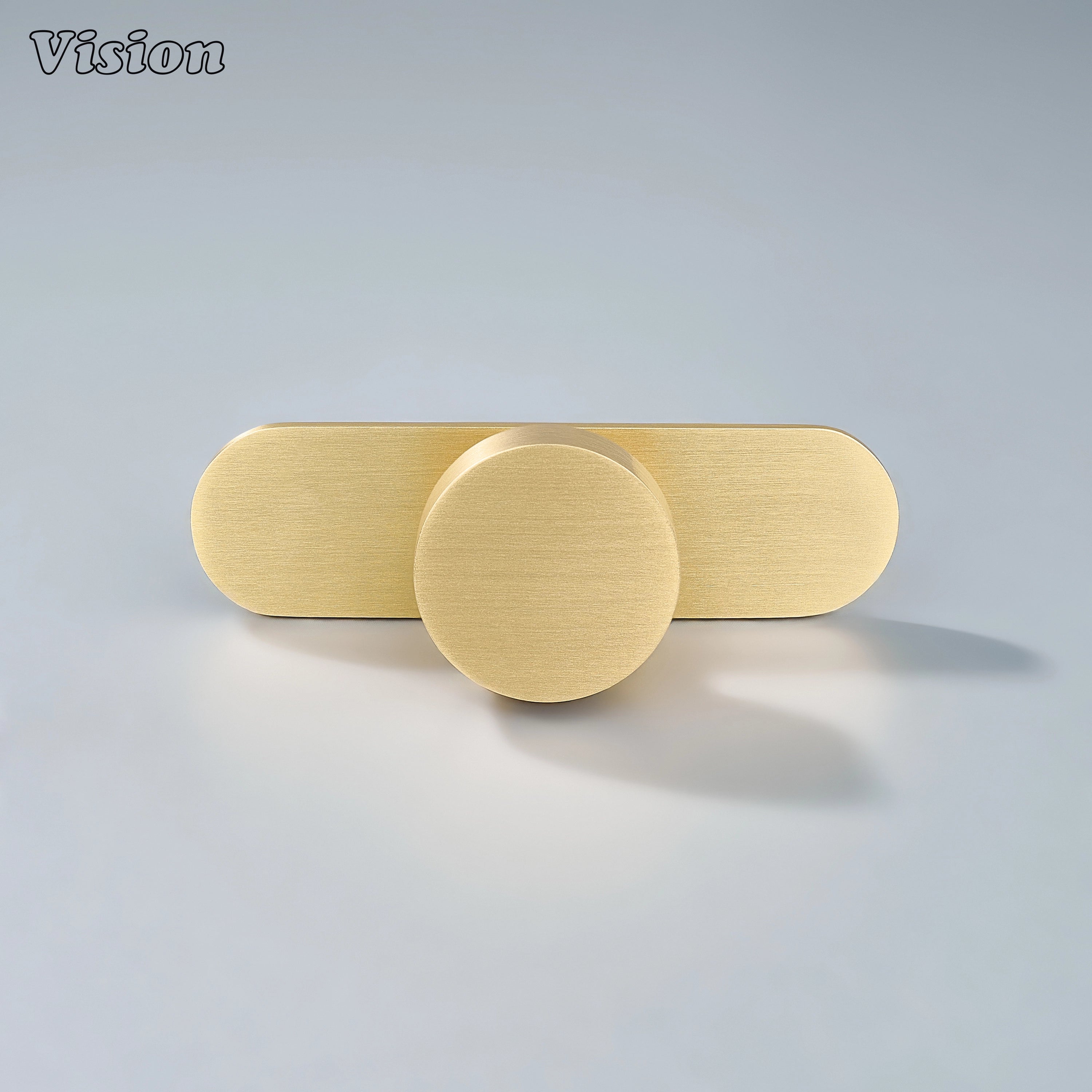 Minimal round cabinet knob in Gold finish mounted on backplate for storage cabinets