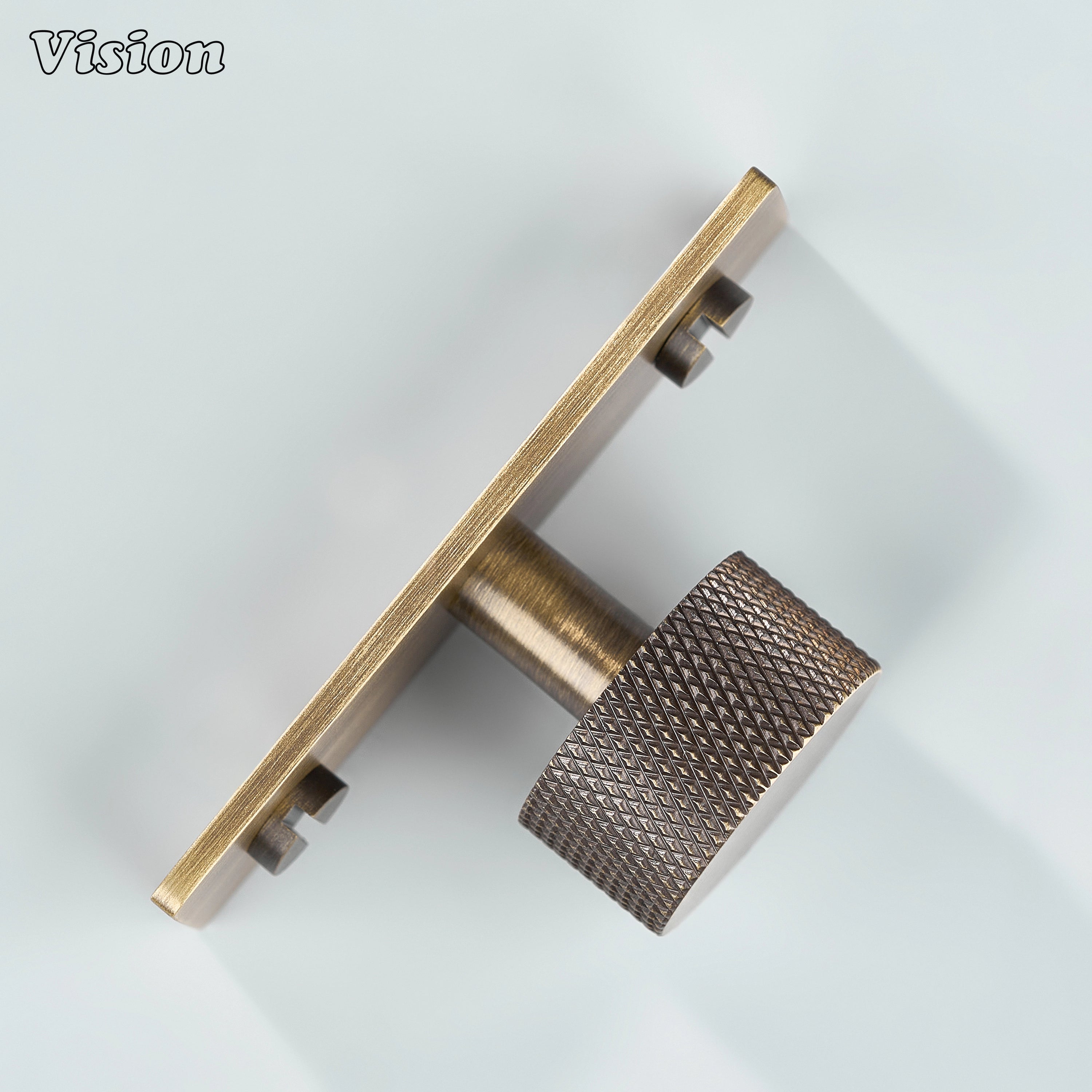 Antique Bronze round knurled cabinet knob with rectangular plate for wardrobes