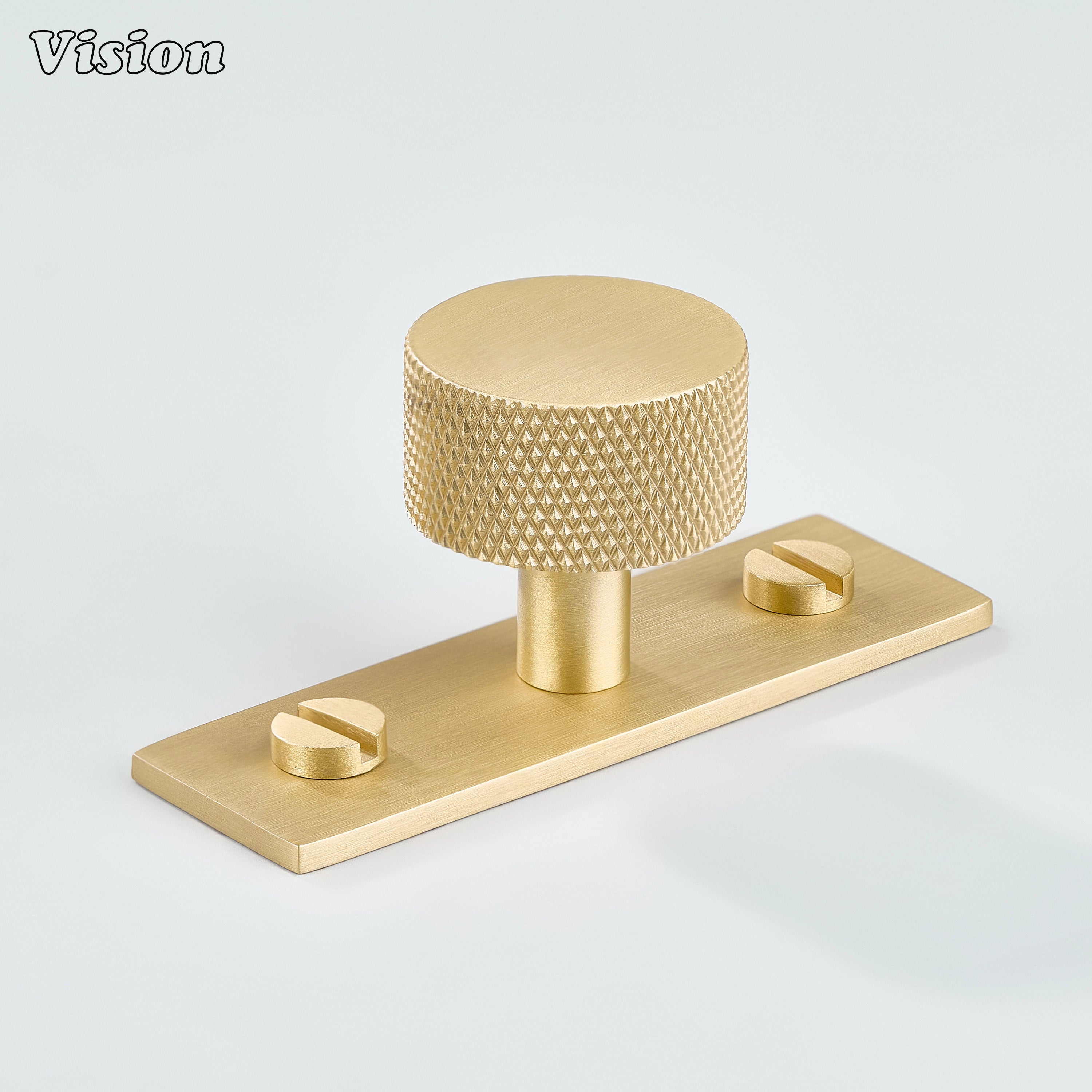 Gold knurled cabinet knob with backplate featuring round knob design for kitchen cabinets
