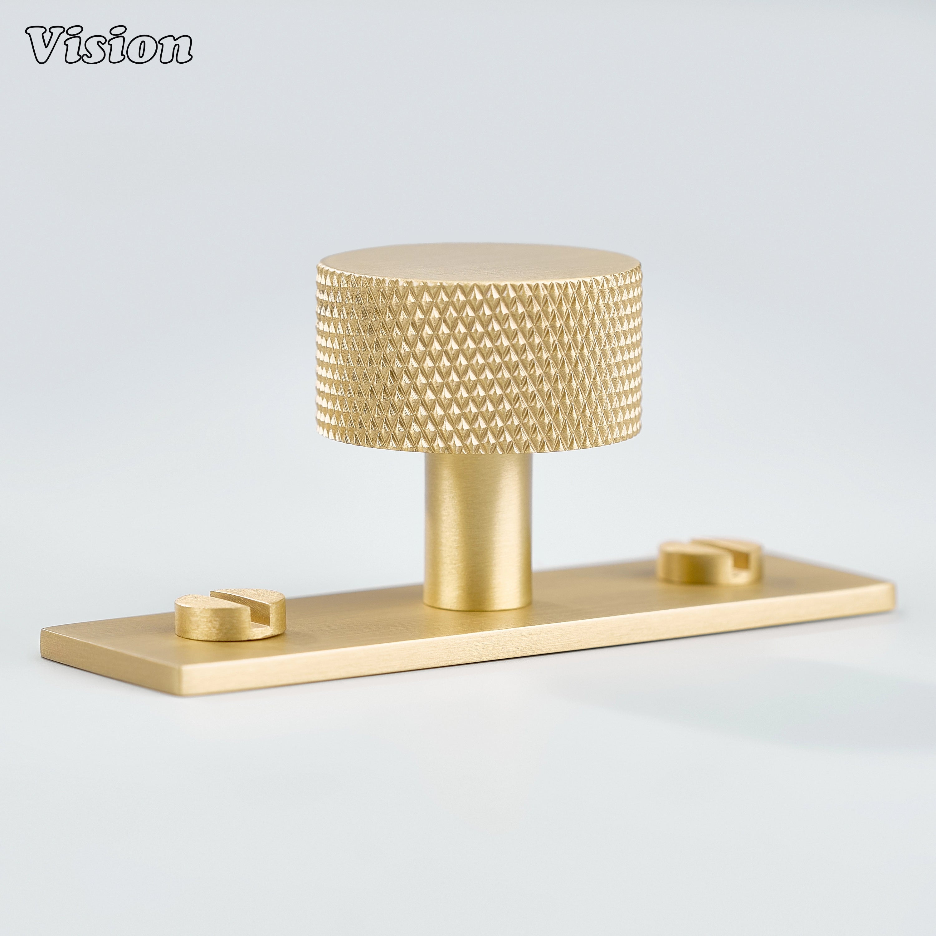 Gold knurled brass cabinet knob with backplate for drawer storage units