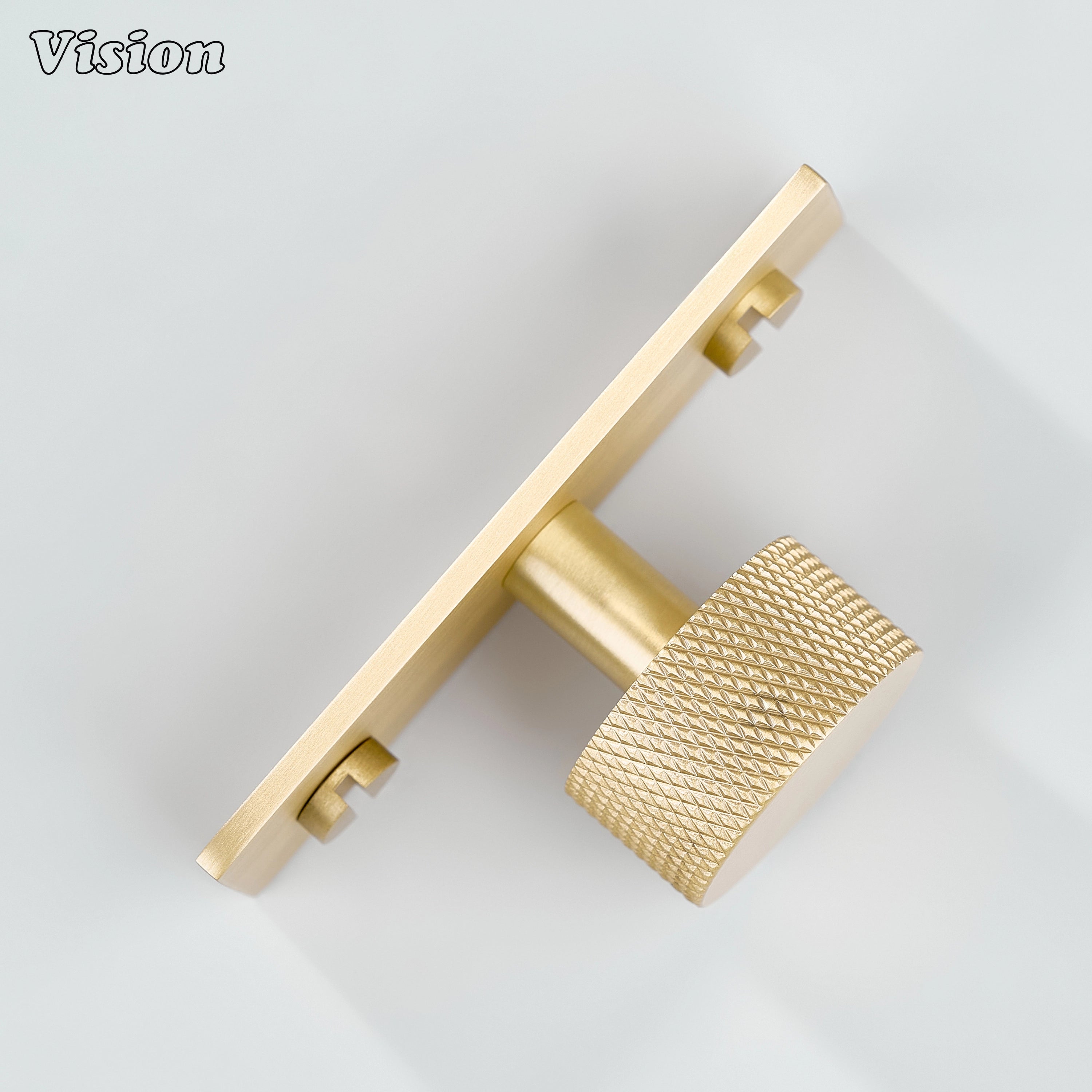 Gold round knurled cabinet knob with rectangular plate for wardrobe cabinets