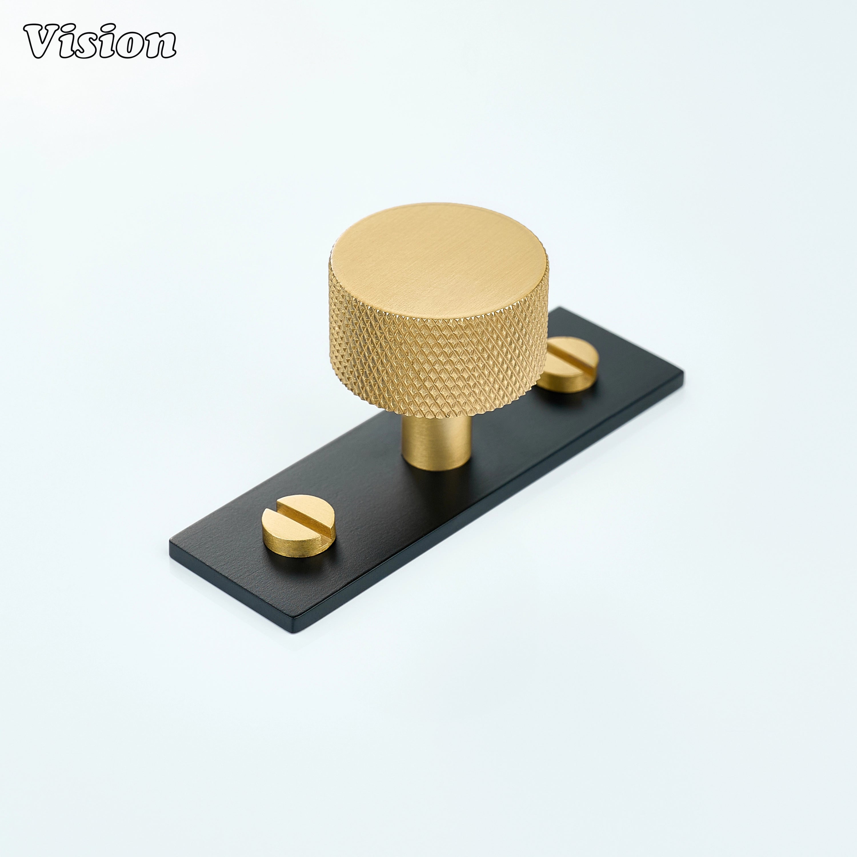 Gold and Black knurled cabinet knob with backplate featuring round knob for kitchen cabinets