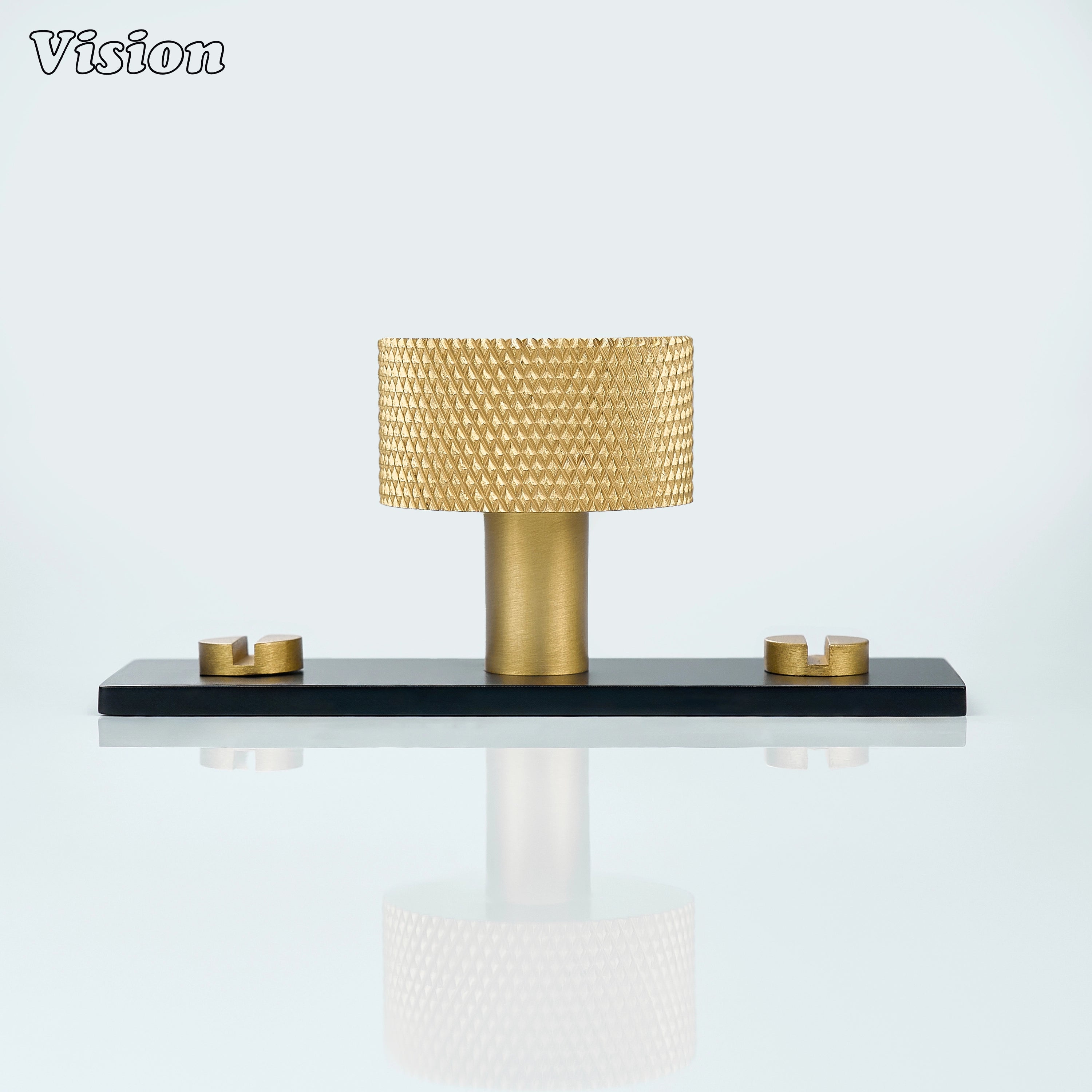 Gold and Black knurled brass cabinet knob with backplate for drawer storage units