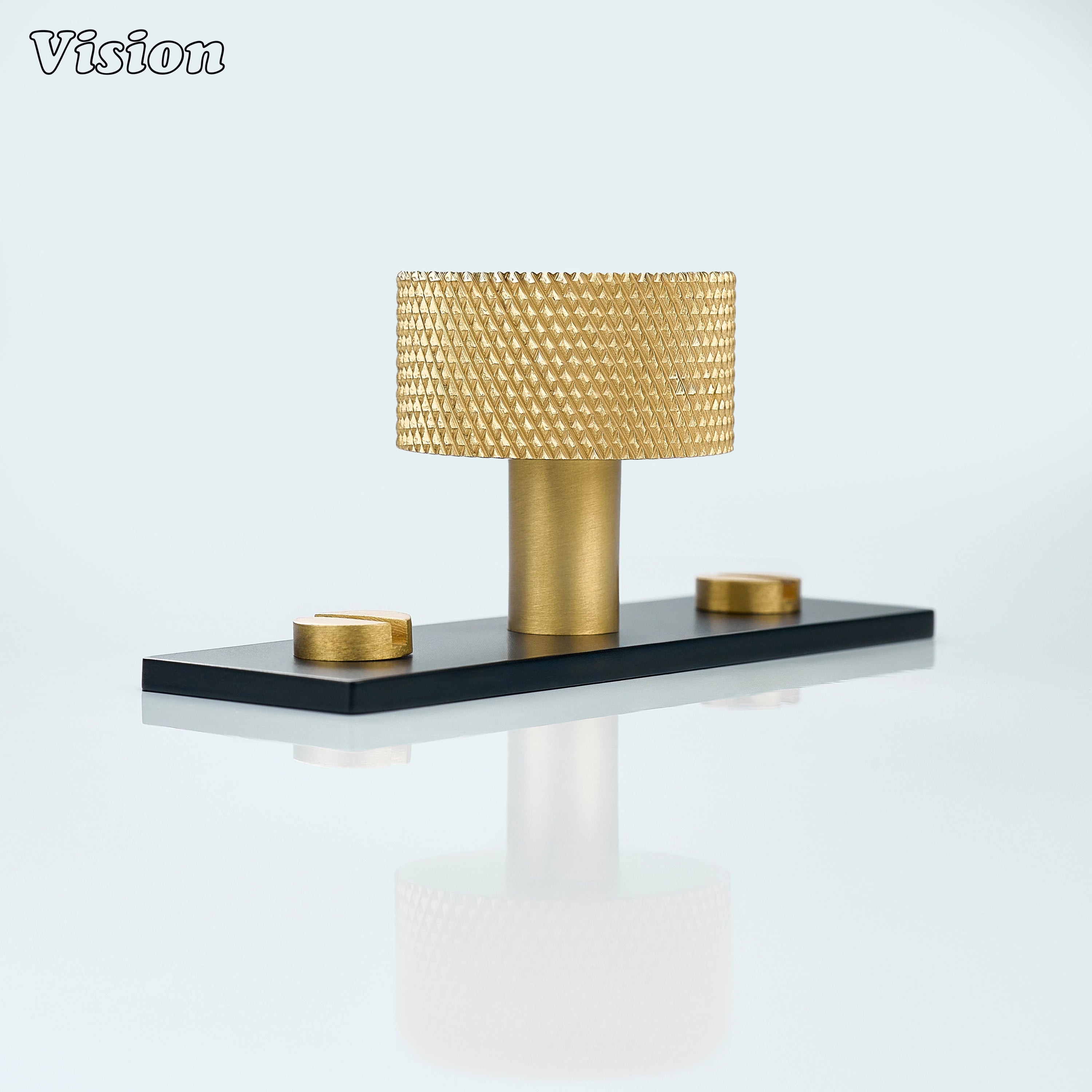 Gold and Black cabinet knob with knurled round profile and plate for modern furniture