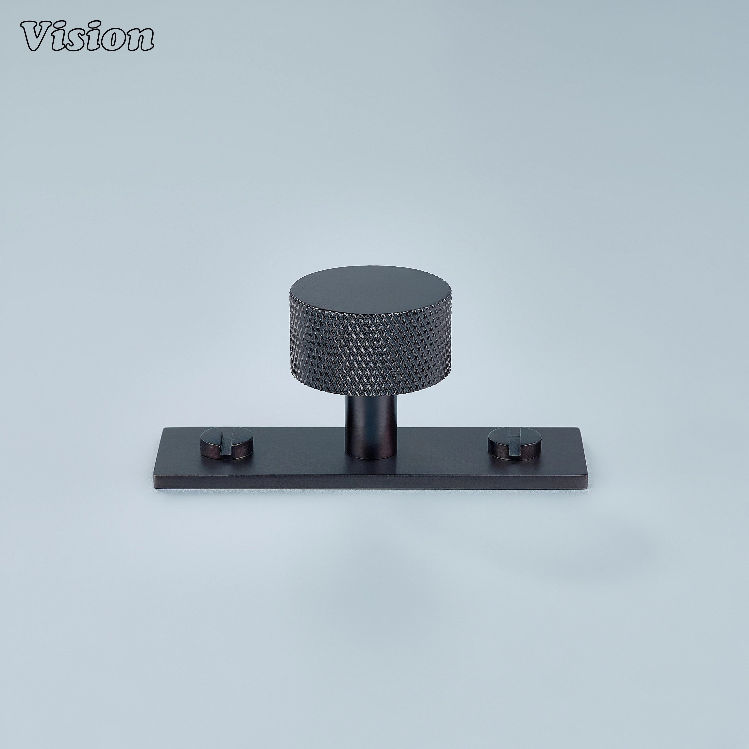Oil Rubbed Bronze round knurled cabinet knob on plate for wardrobes