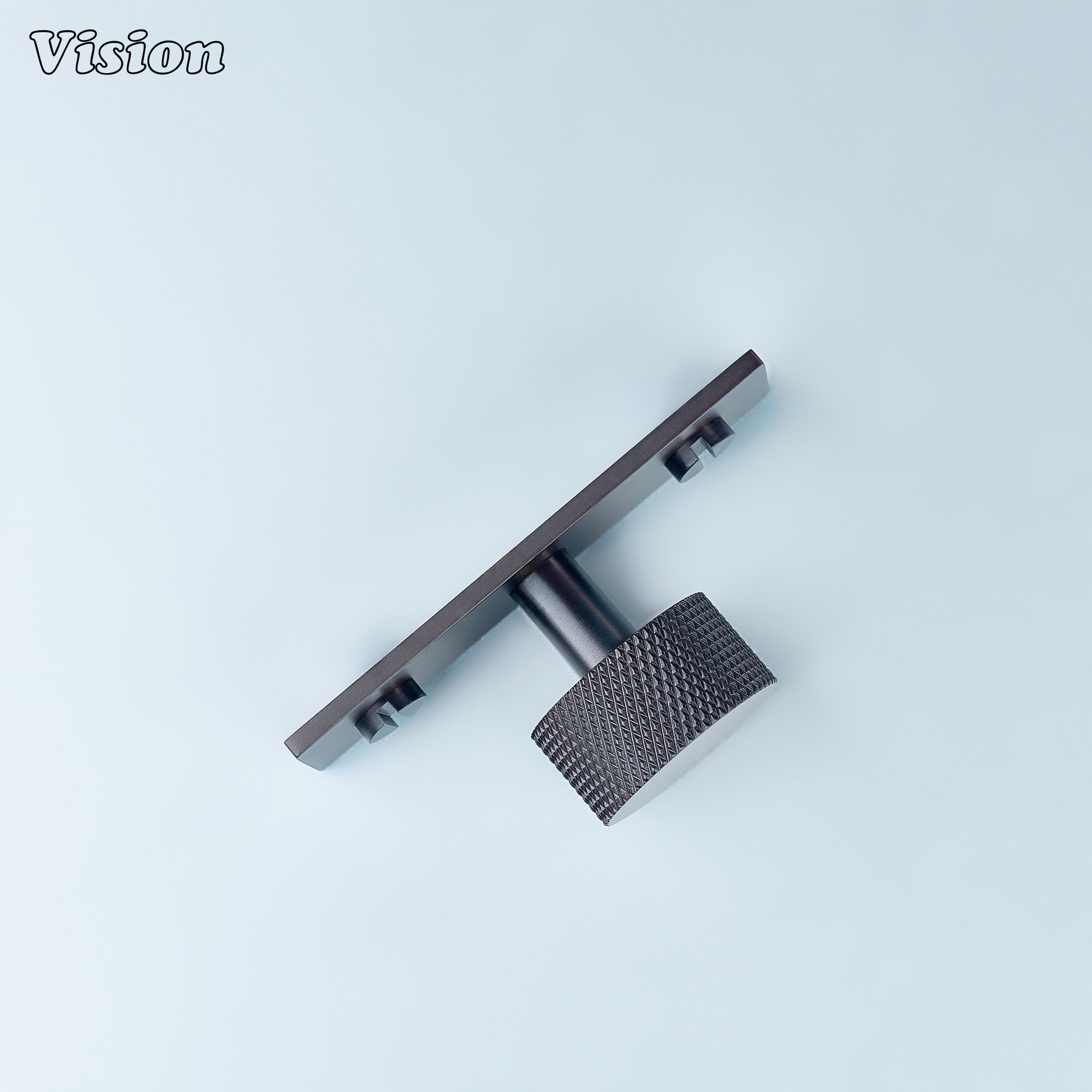 Oil Rubbed Bronze knurled cabinet knob mounted on backplate for drawers