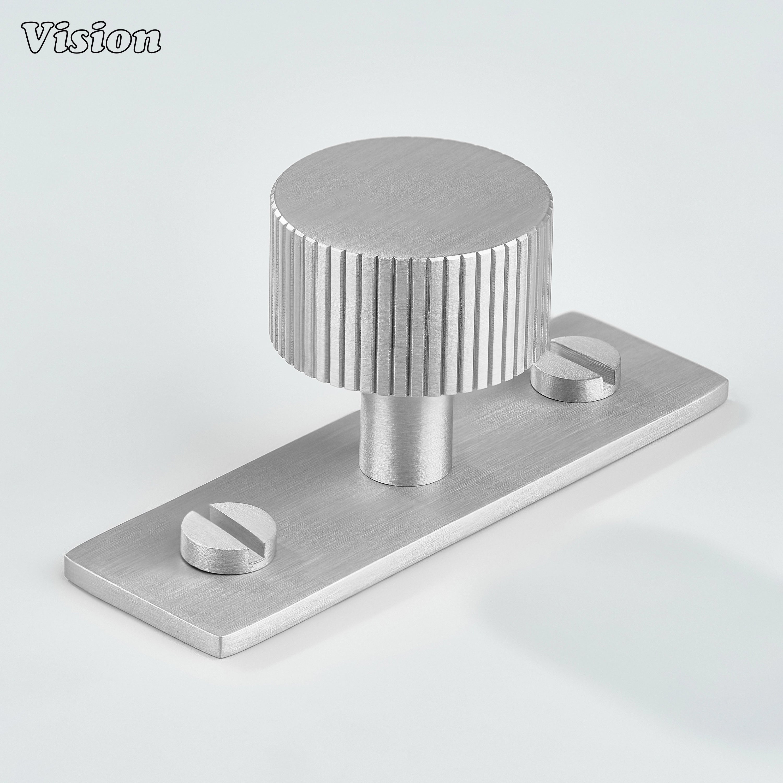 Silver cabinet knob with linear knurled round profile and backplate for cabinets