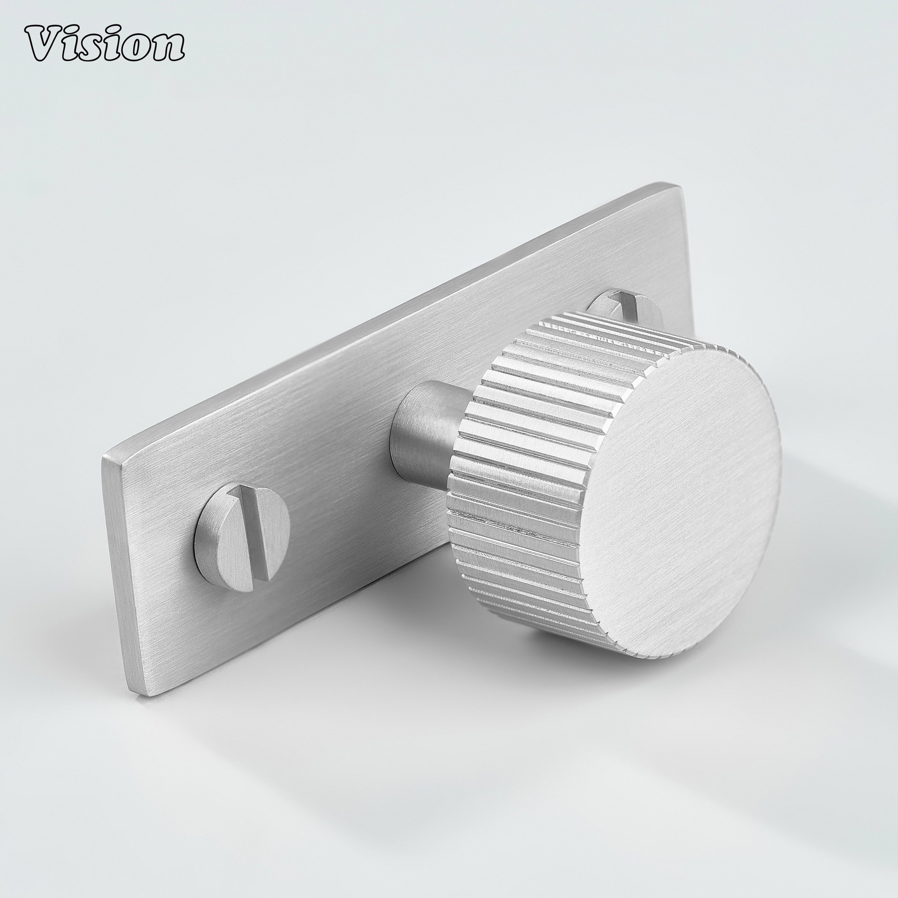 Silver round cabinet knob with linear knurling and backplate for kitchen units