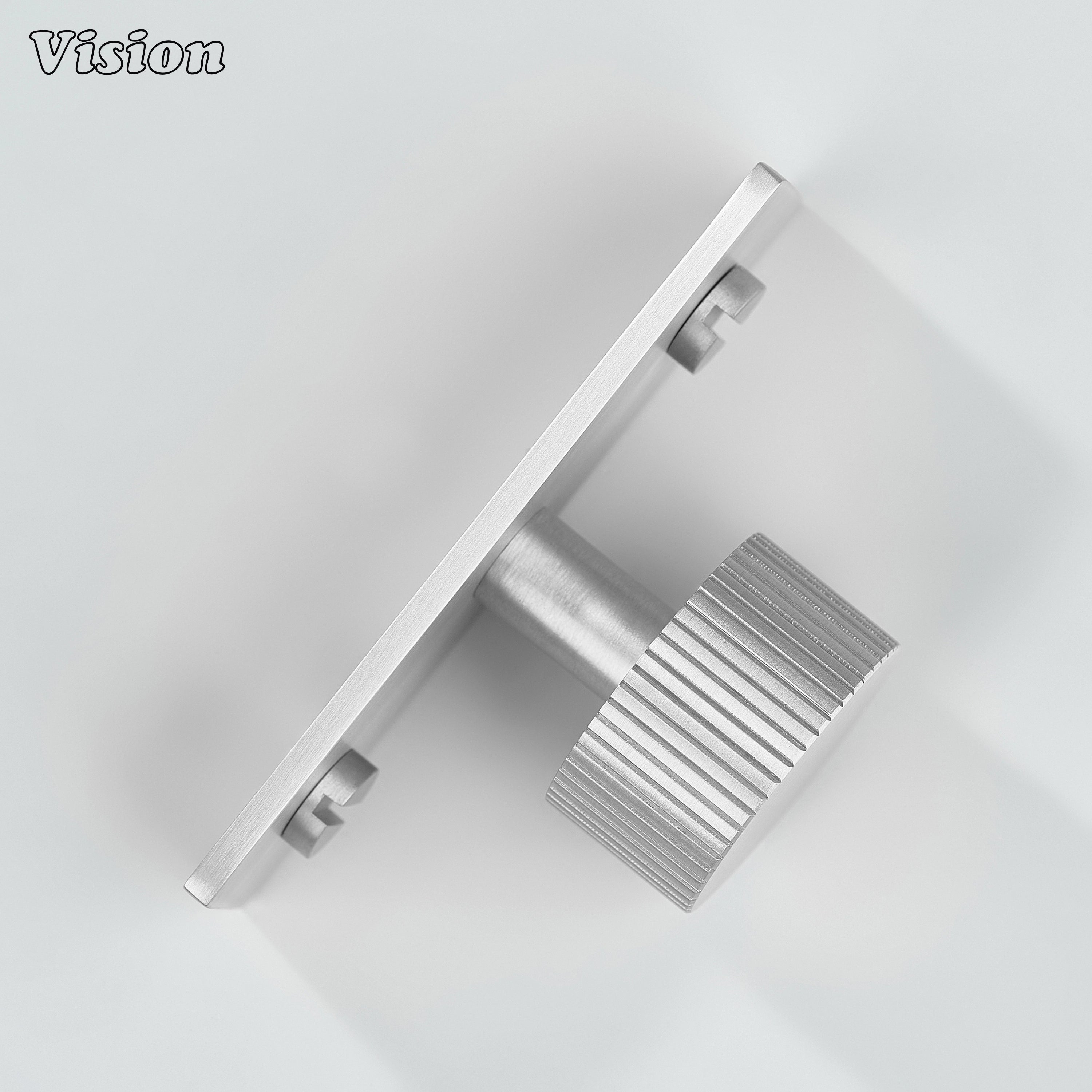Silver cabinet knob with linear knurled grip and backplate for wardrobes