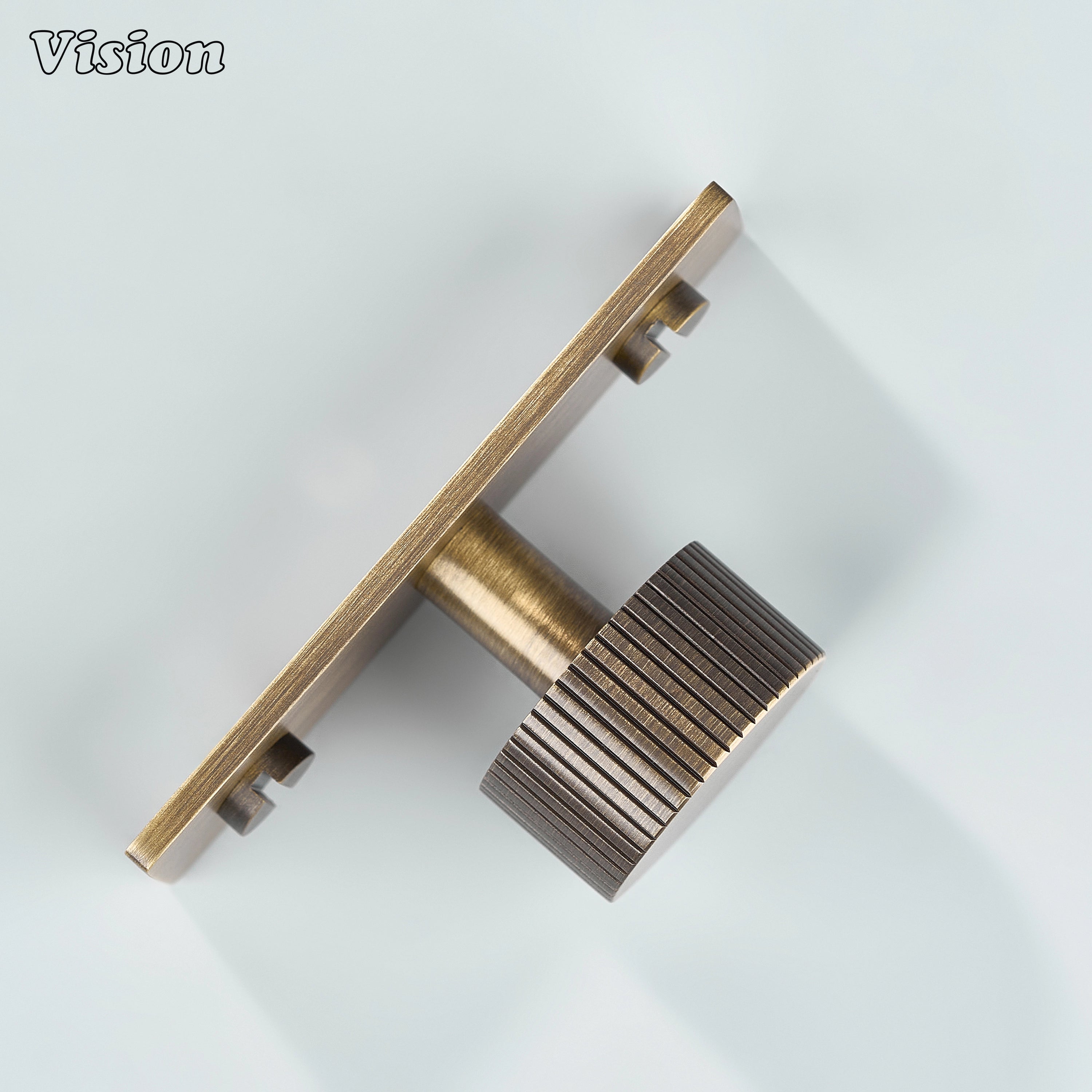 Antique Bronze round cabinet knob with linear knurling and backplate for kitchens