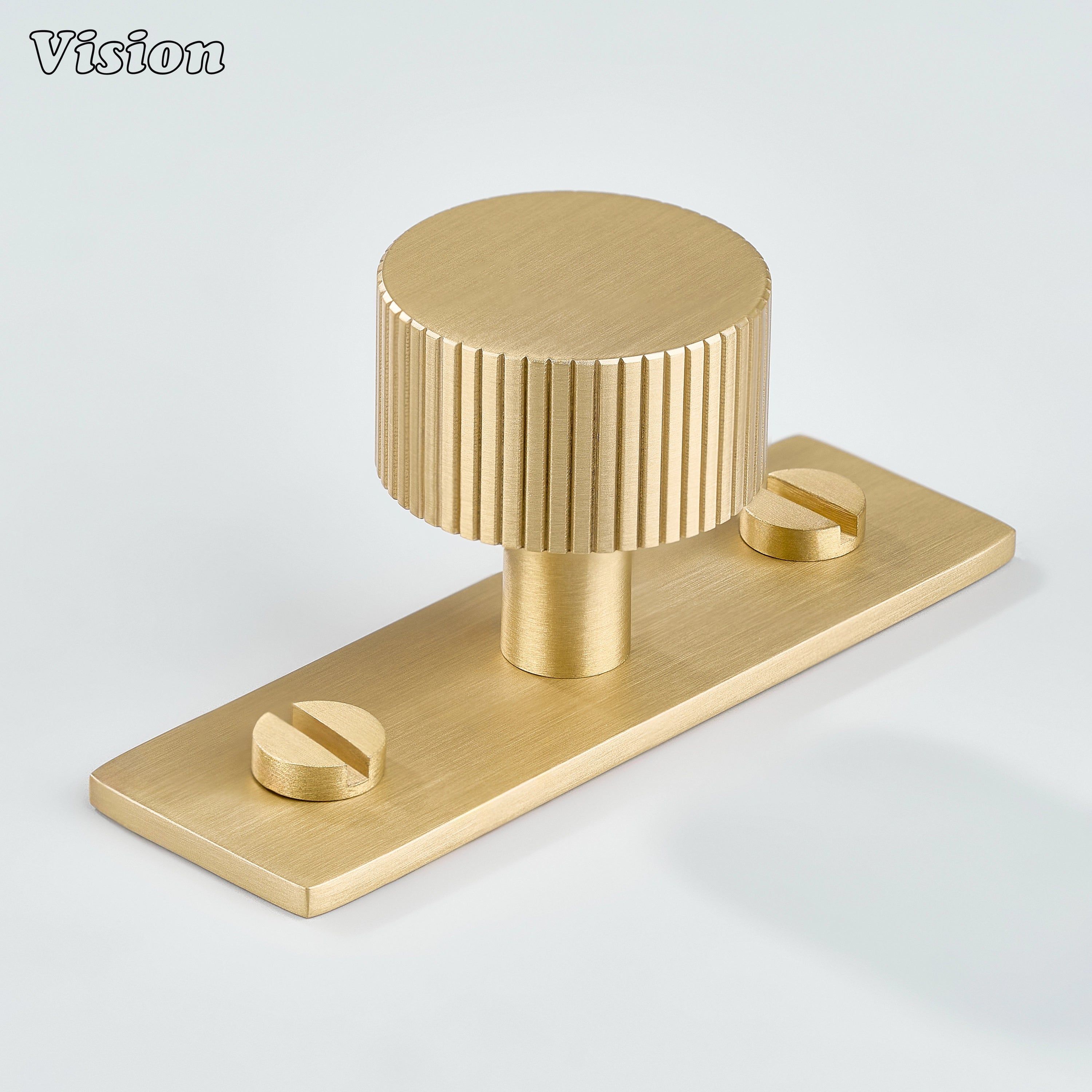 Gold cabinet knob with linear knurled round design and backplate for kitchen cabinets