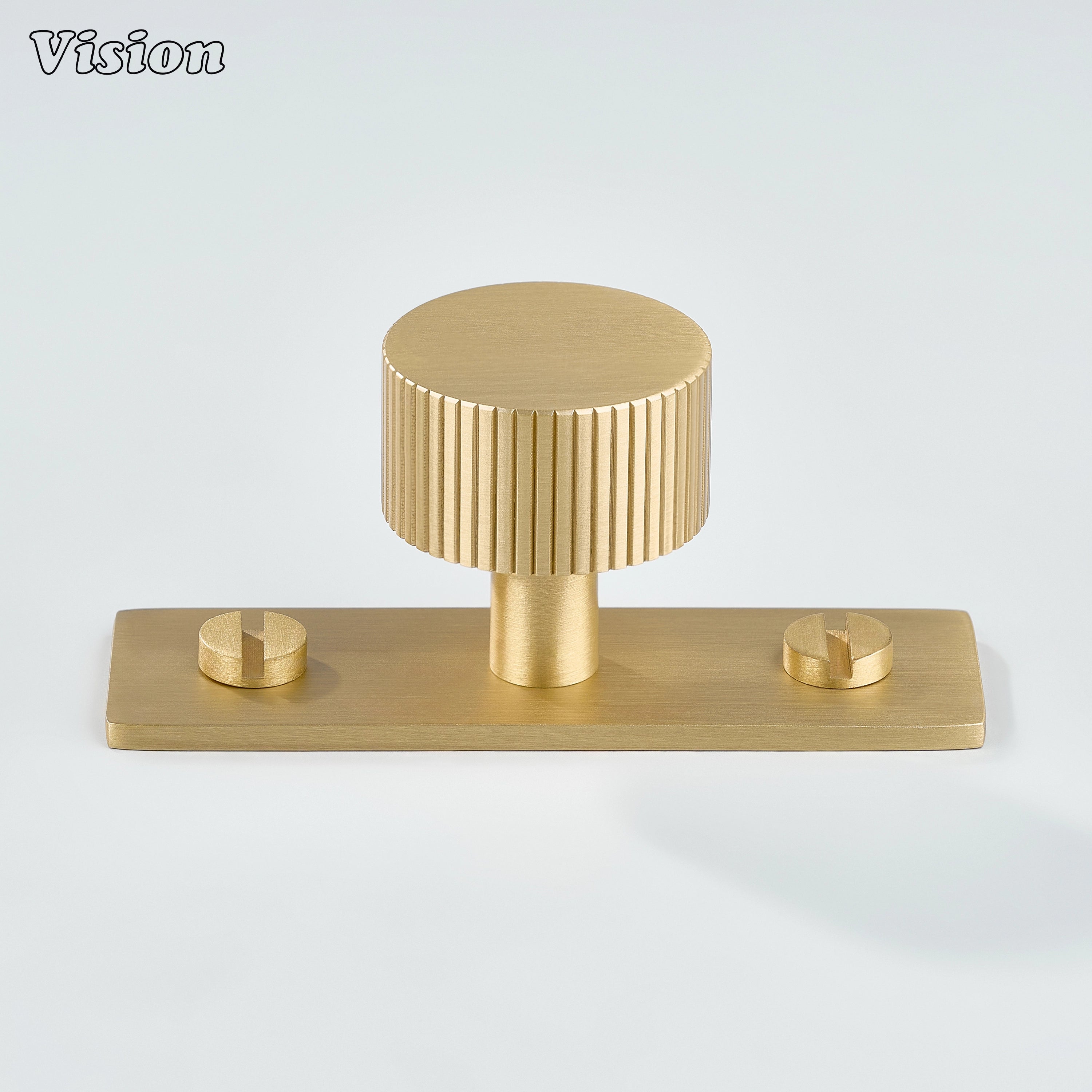 Gold cabinet knob with knurled round profile on backplate for drawer furniture