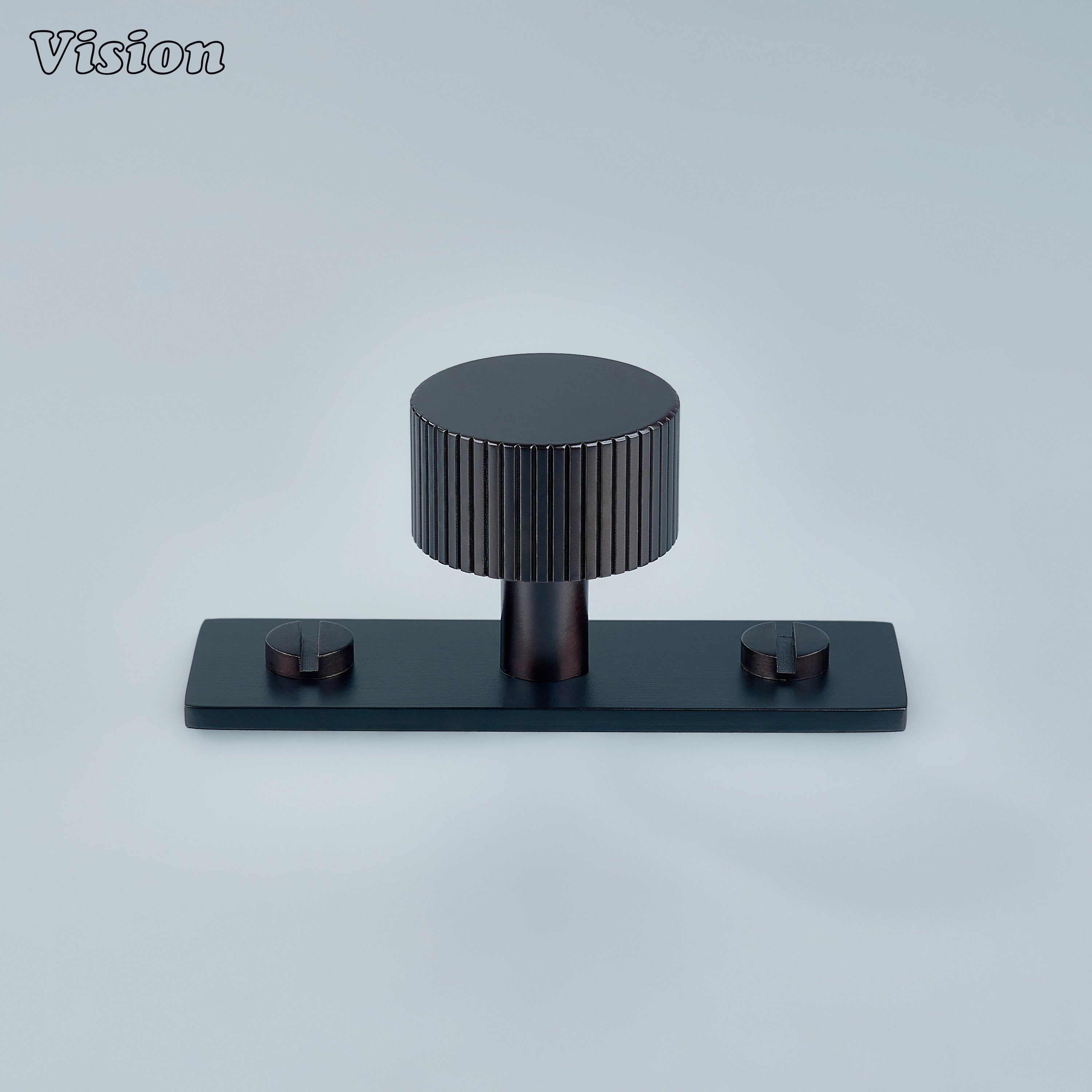 Oil Rubbed Bronze cabinet knob with linear knurled round profile and backplate