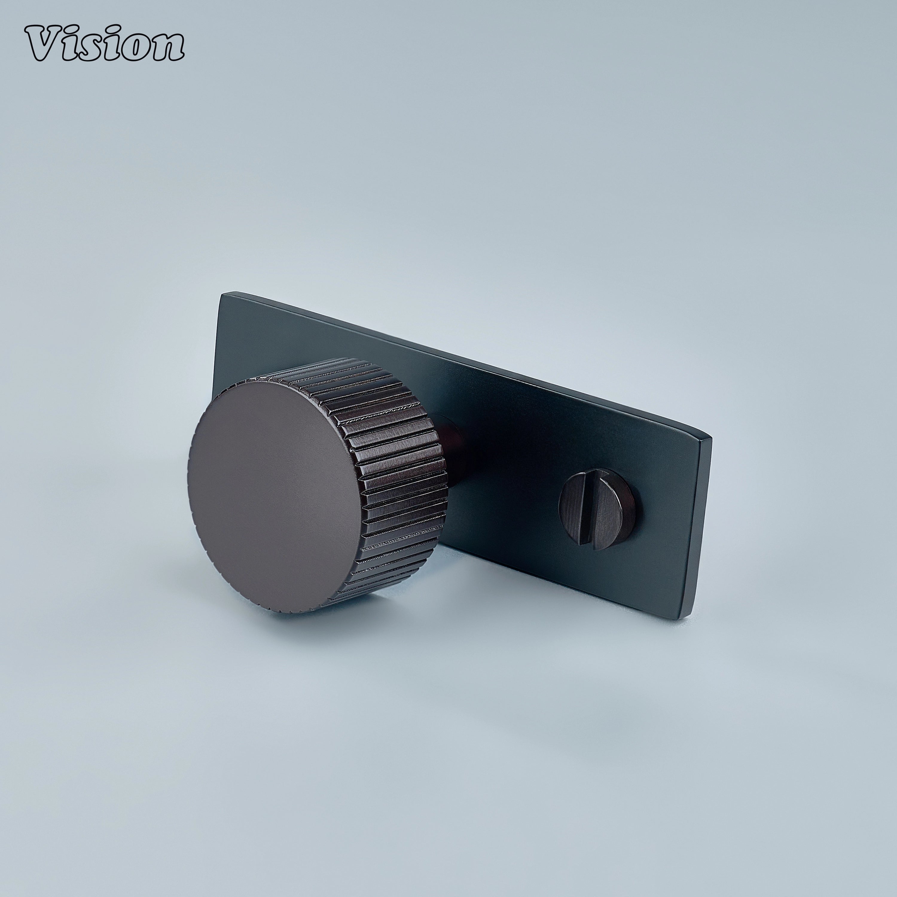 Oil Rubbed Bronze round cabinet knob with linear knurling and backplate for cabinets