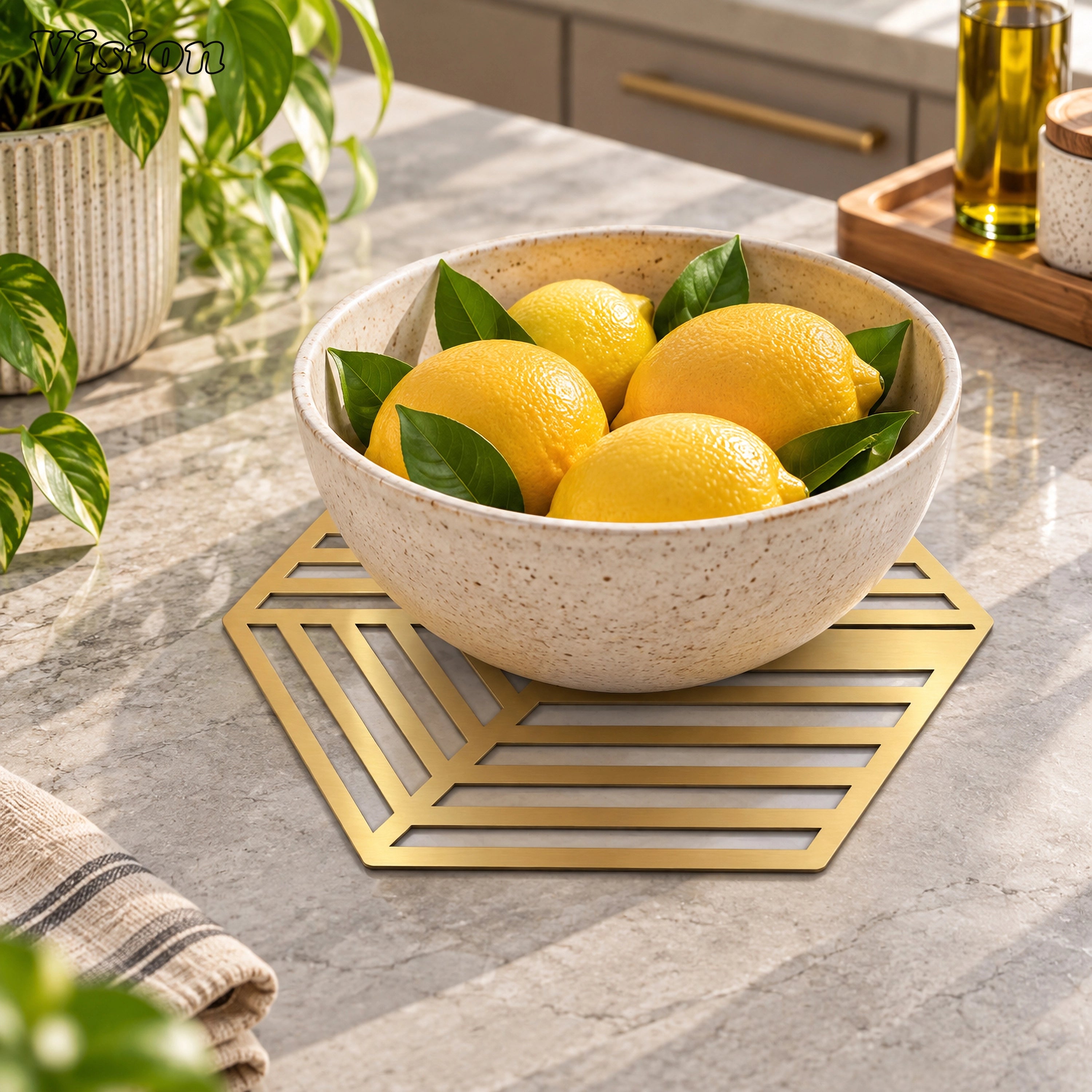 Hexagonal gold tabletop coaster featuring a geometric 3D illusion on a luxury wooden bar cart