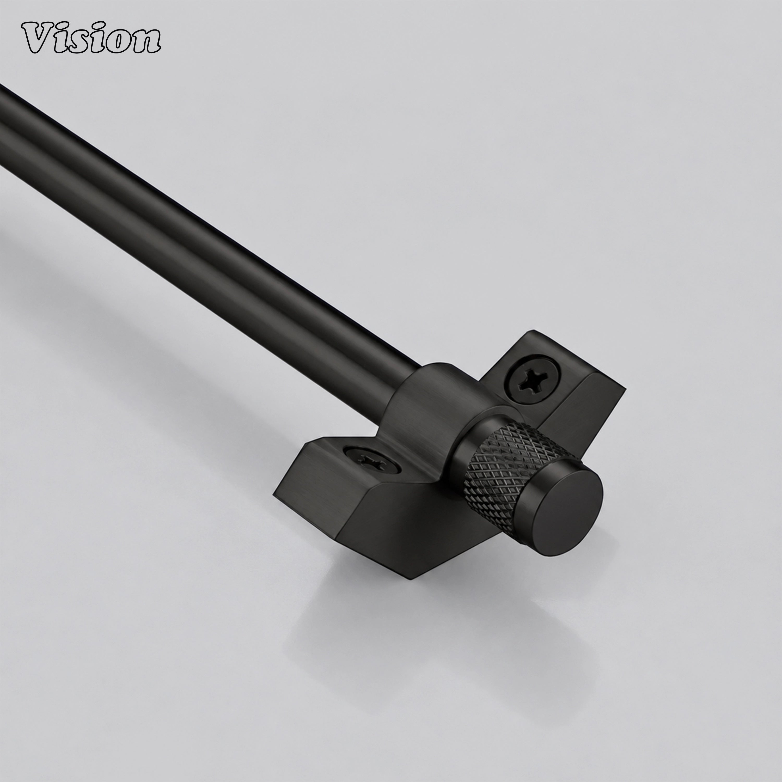 Architectural black stair carpet rod featuring knurled end caps on luxury residential stairs