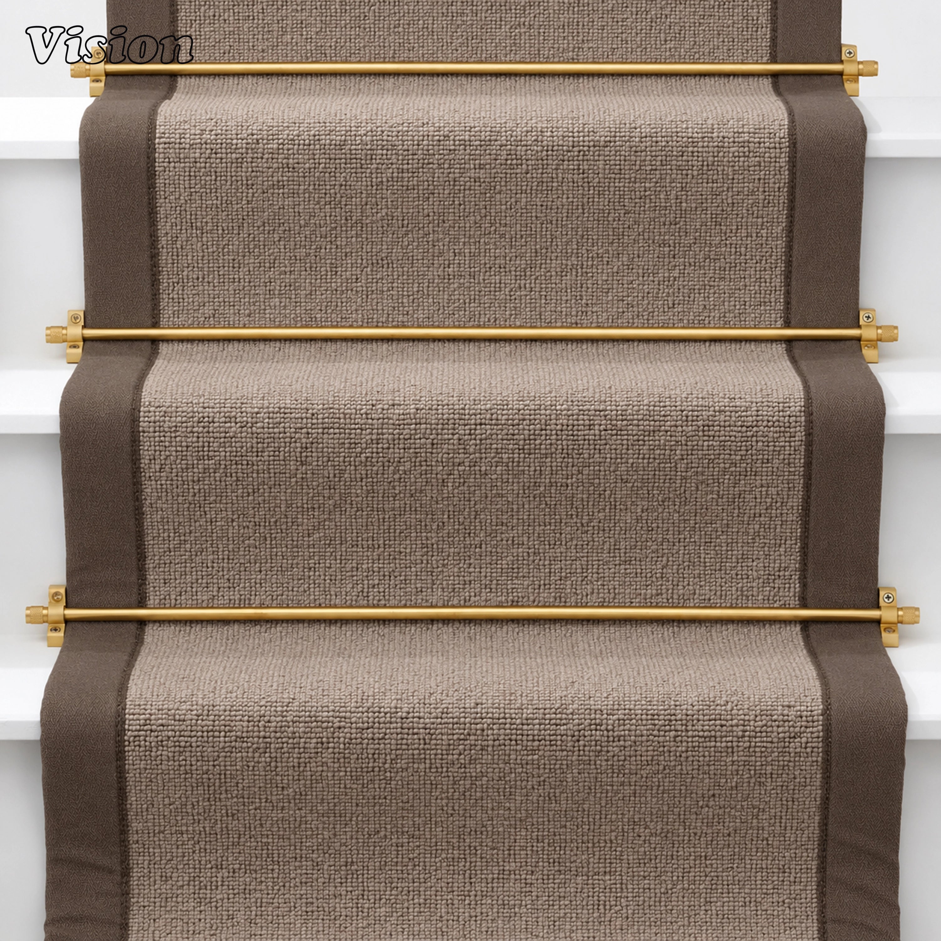 Gold artisanal carpet rod with smooth bar and knurled details on custom staircase runners