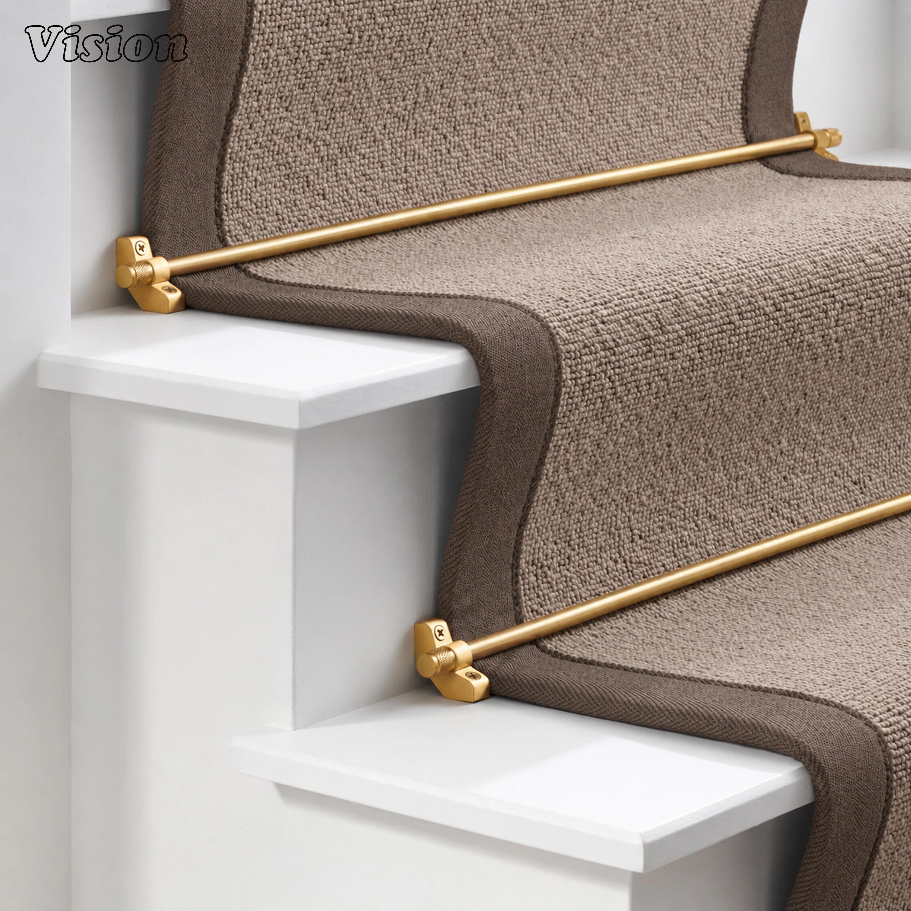 Gold heavy-duty stair rod runner with solid brass angled brackets for classic carpeted stairs