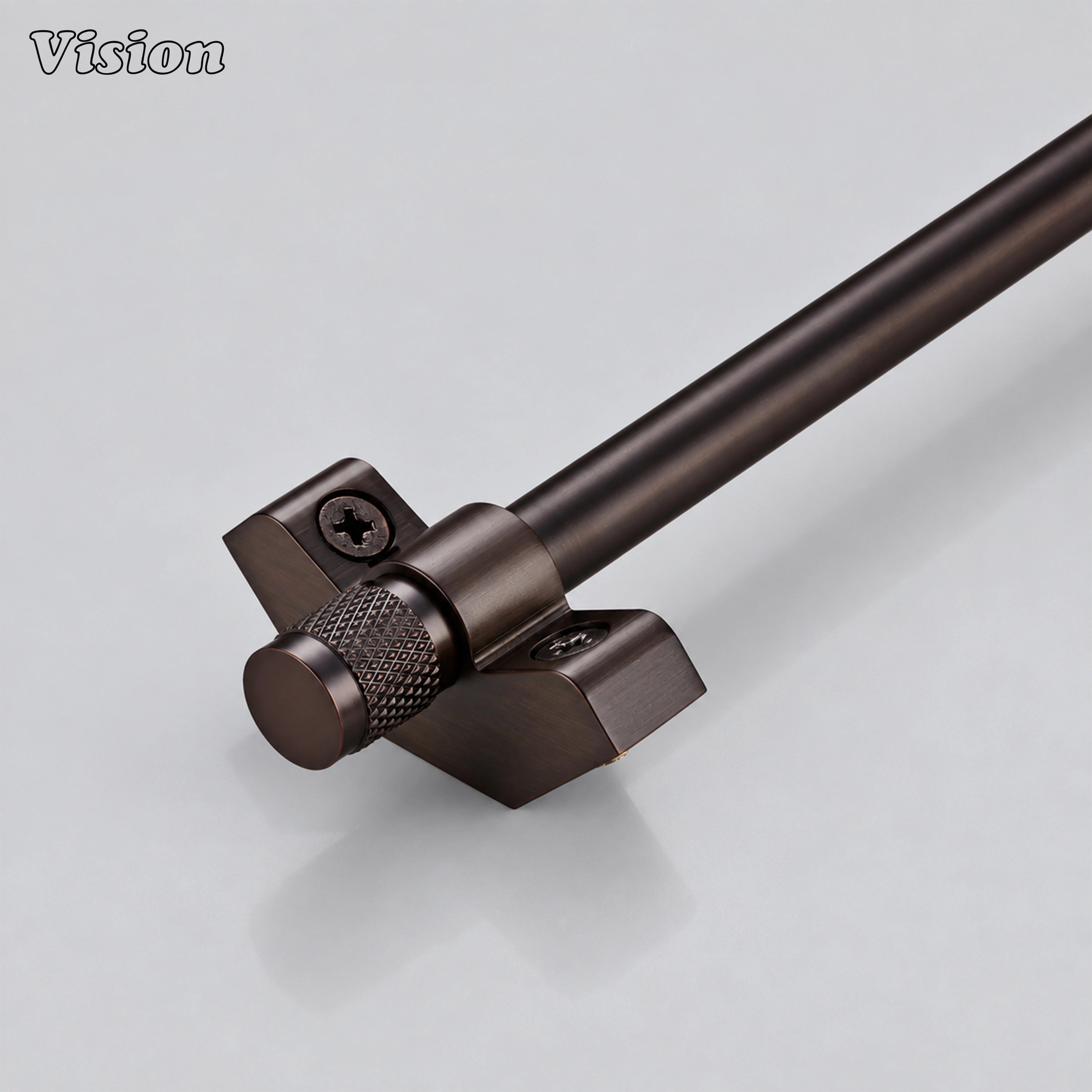 Oil Rubbed Bronze handcrafted stair rod runner with smooth cylindrical bar and knurled finials on stairs