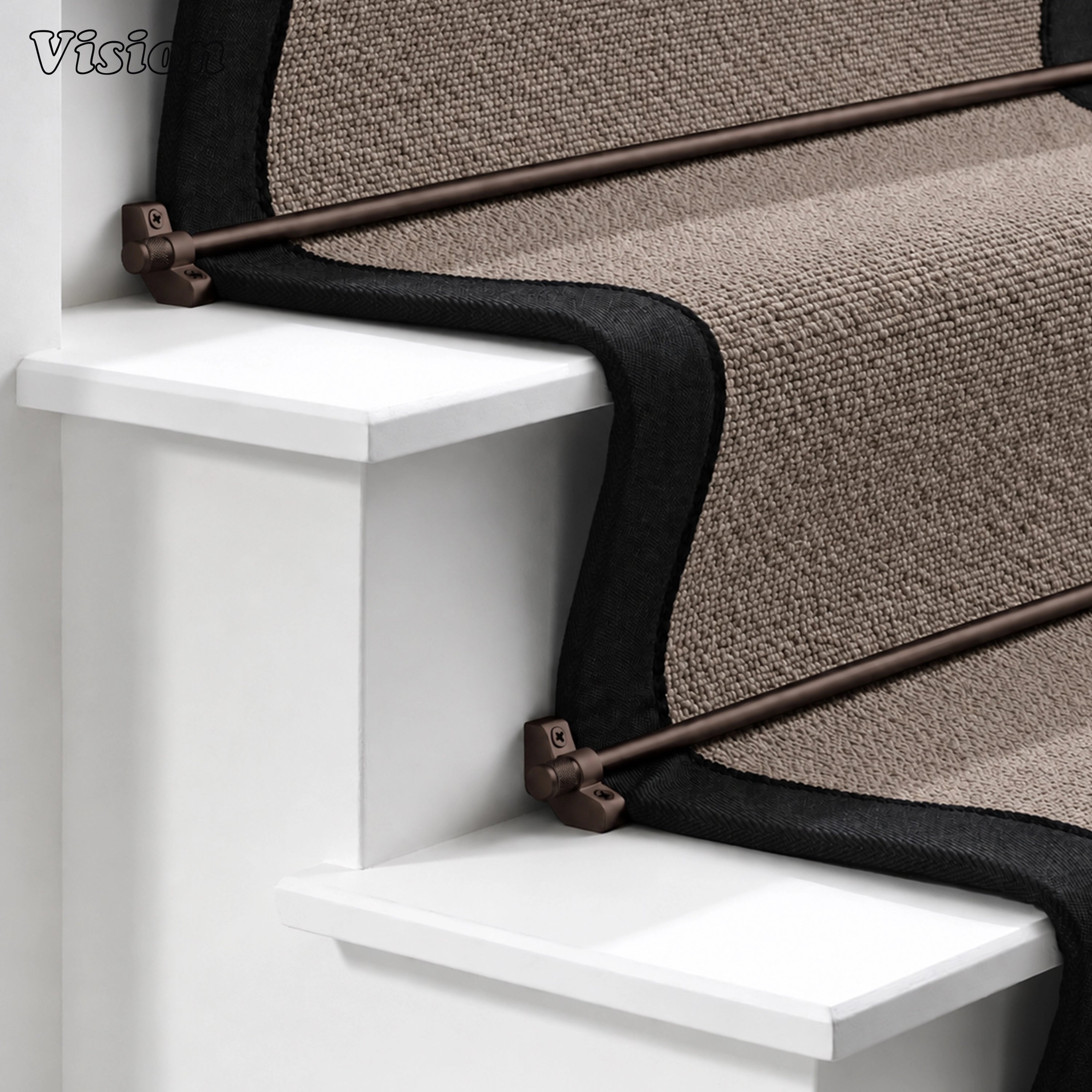 Oil rubbed bronze heavy-duty stair rod runner with solid brass angled brackets for carpeted stairs