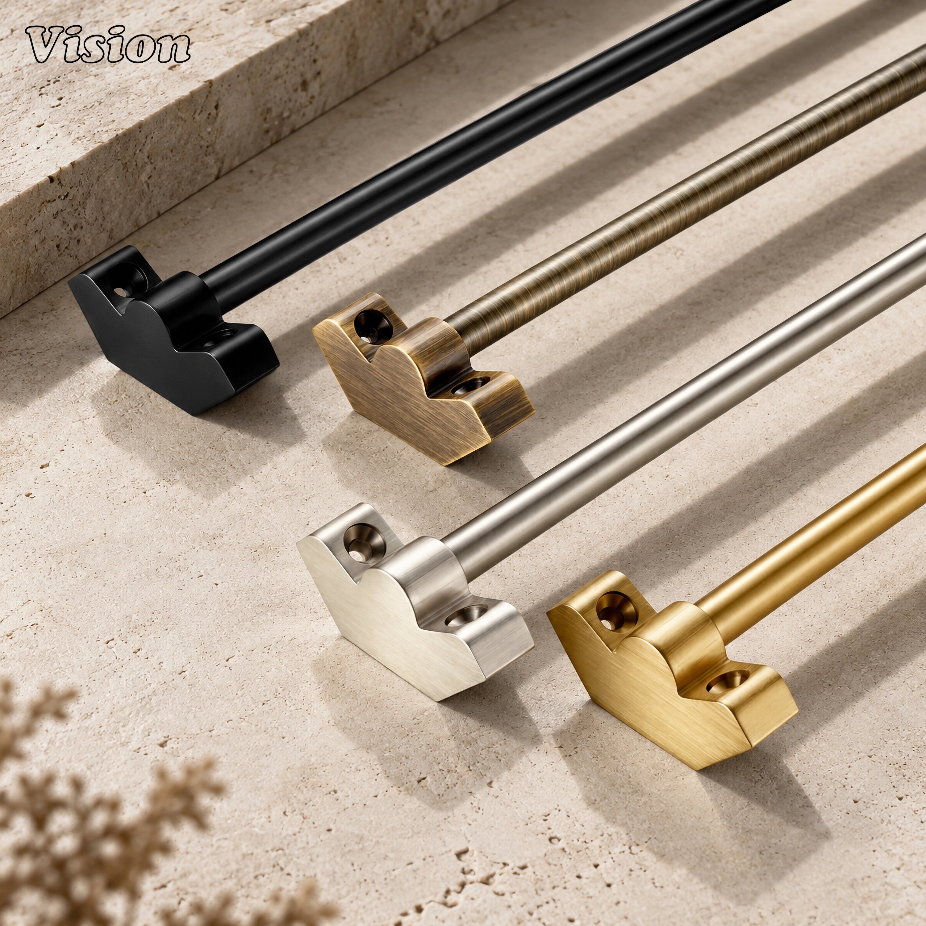 Premium oil rubbed bronze carpet runner rod with unadorned ends mounted on a grand staircase