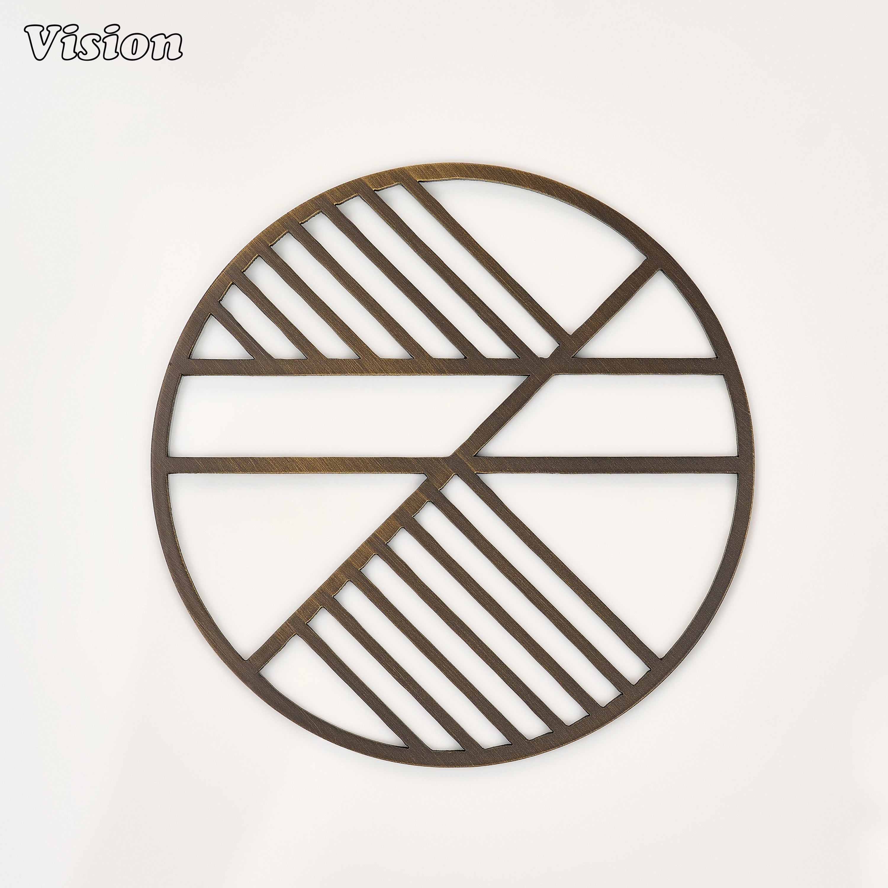 Antique Bronze solid brass round coaster with precision-cut intersecting lines on a modern dining table