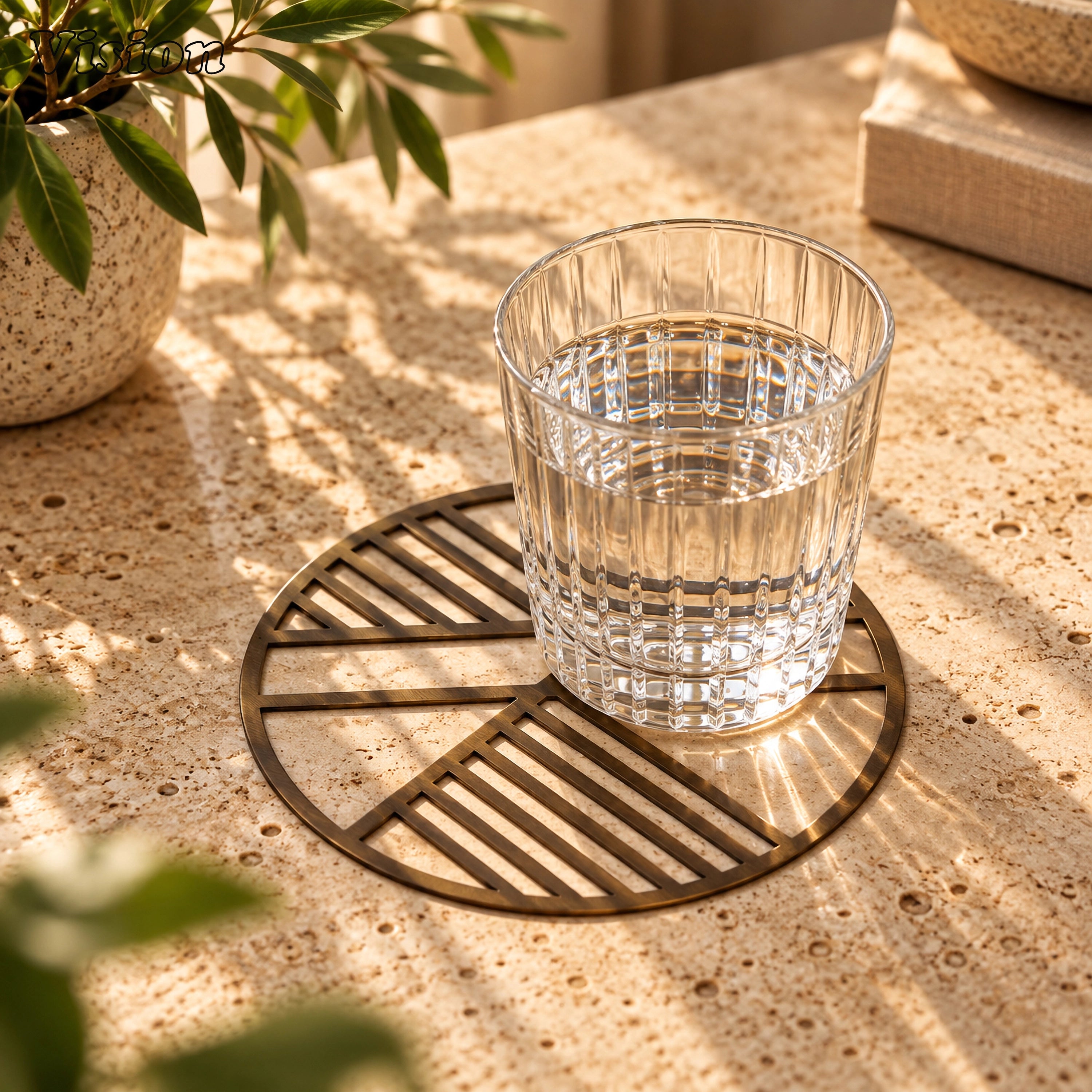 Round antique bronze tabletop coaster featuring a geometric open framework on a wooden bar cart
