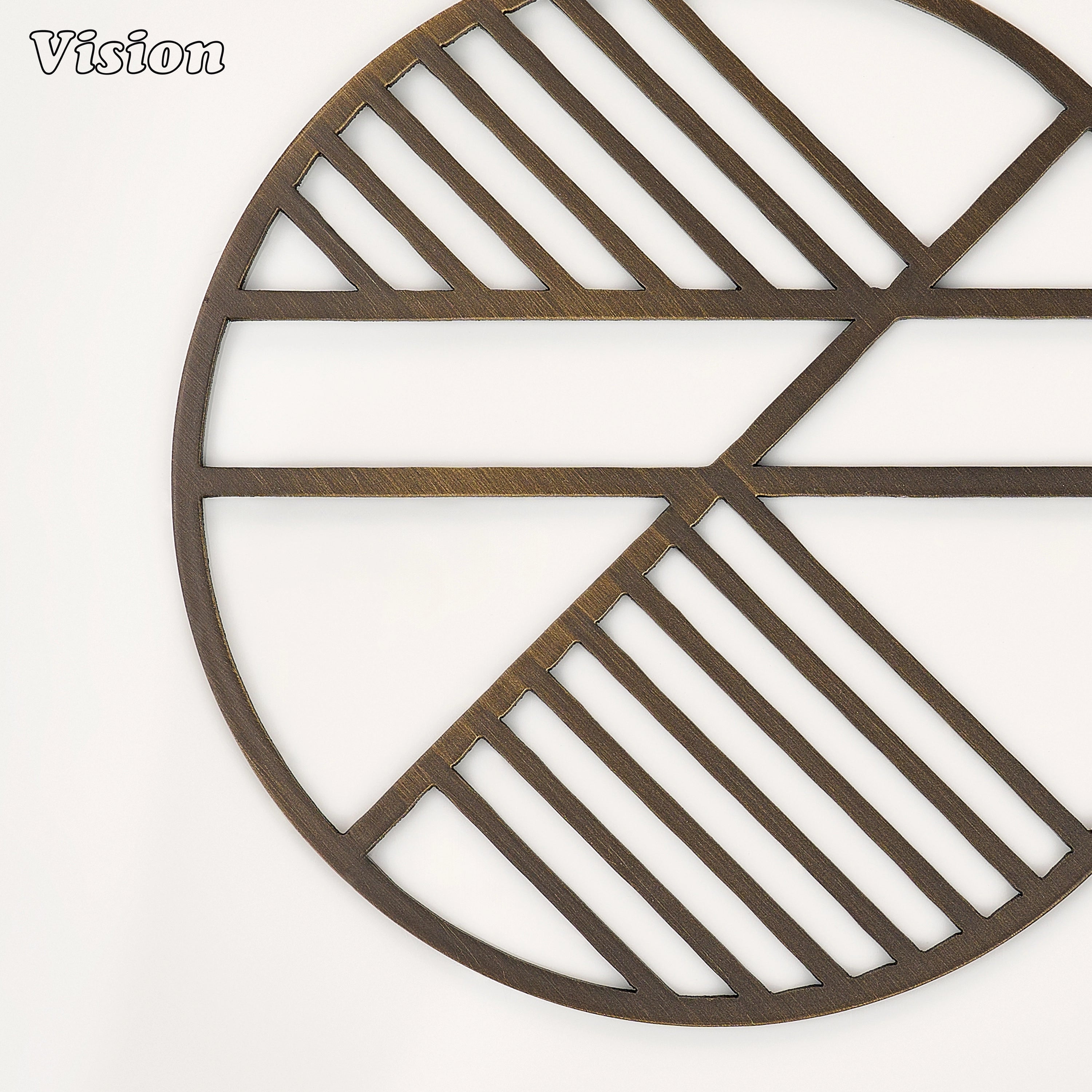 Sleek antique bronze solid brass drink coaster with dynamic geometric patterns on an office desk