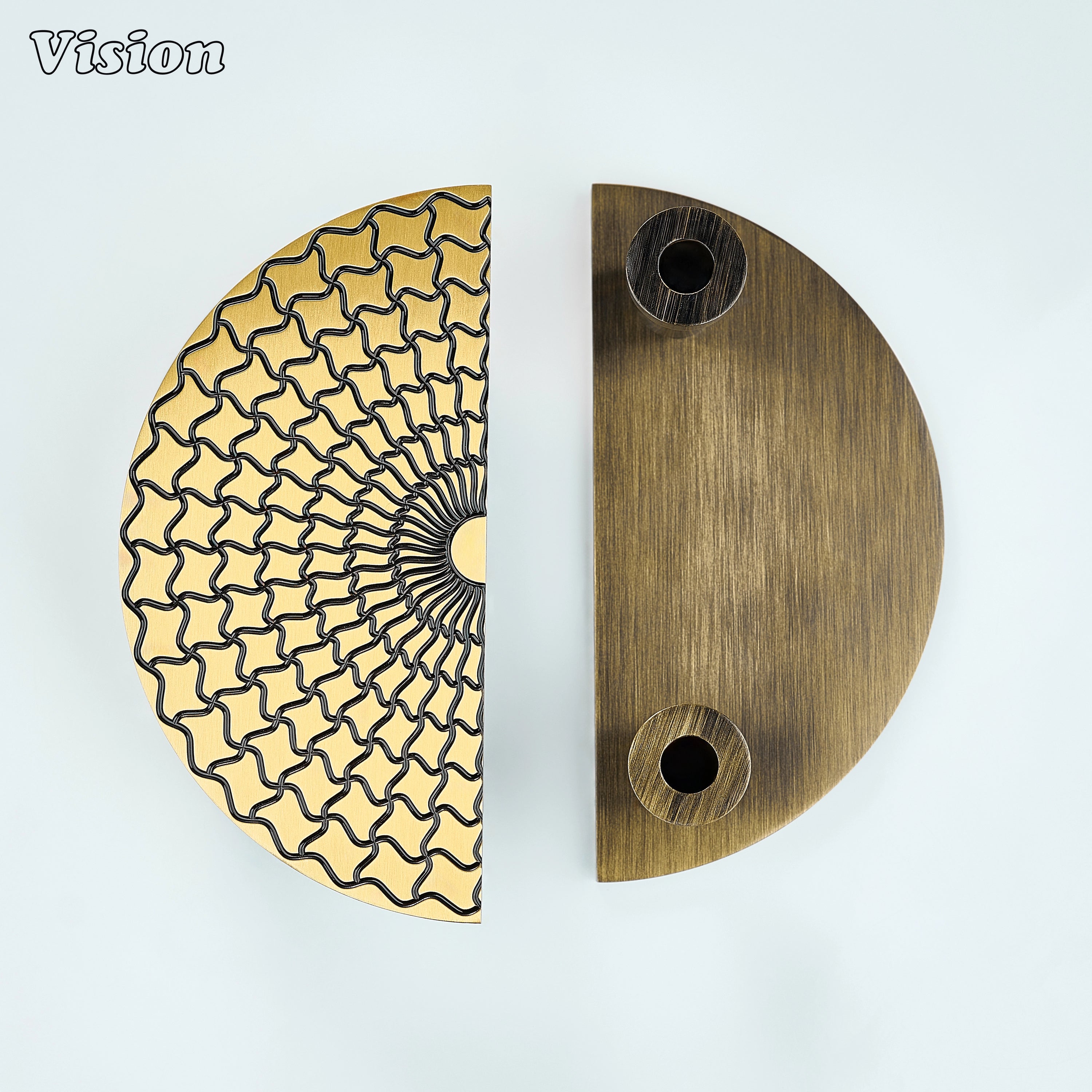 Antique Bronze half moon door handle with detailed weave pattern and round rose base for bedroom doors