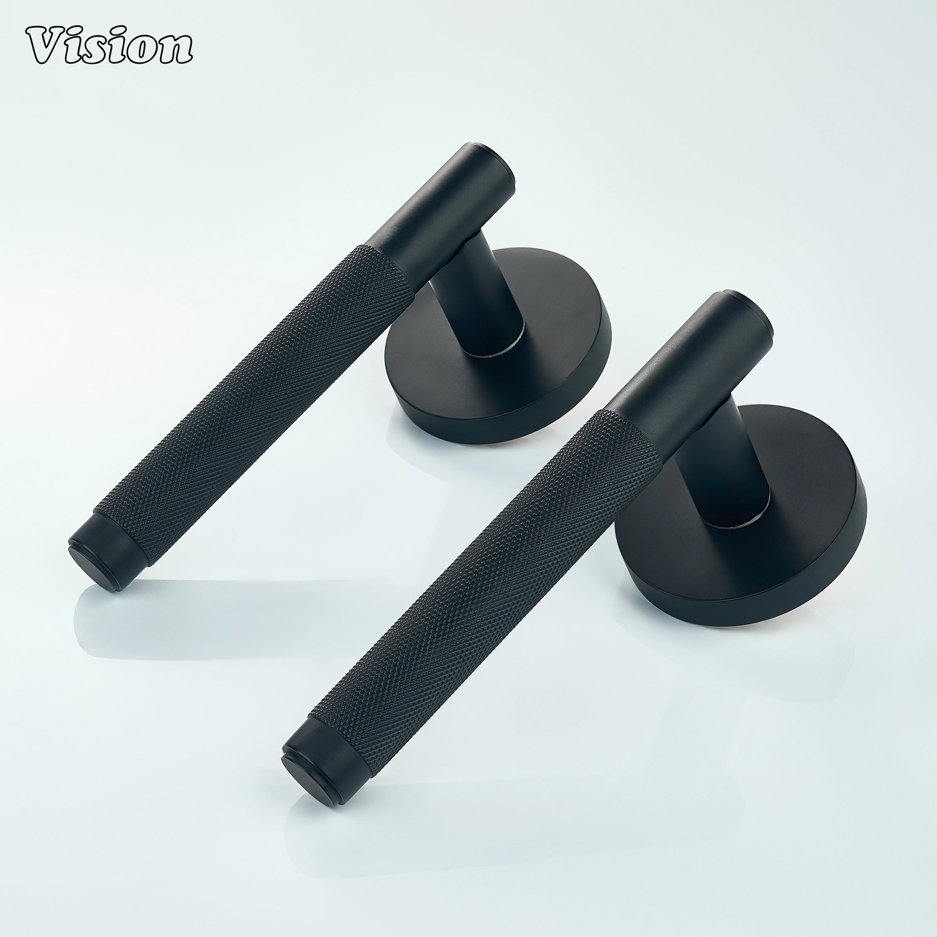 Black knurled brass door lever handle for modern interior doors.
