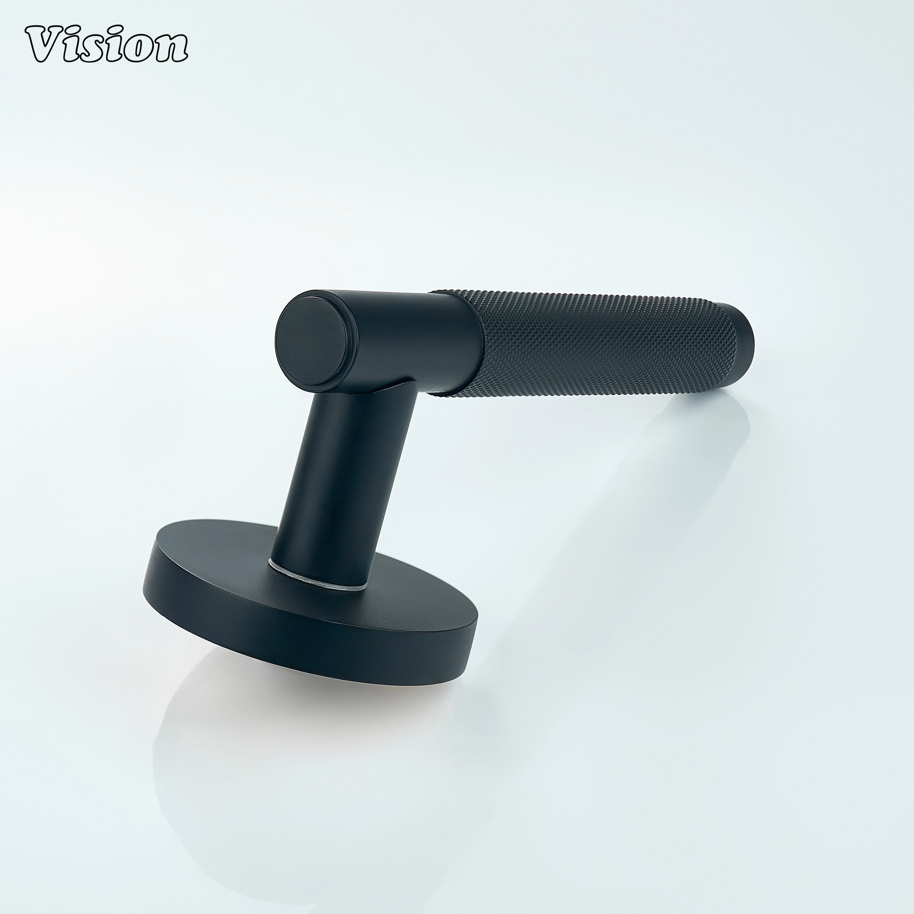 Sleek black knurled door handle for designer home interiors.