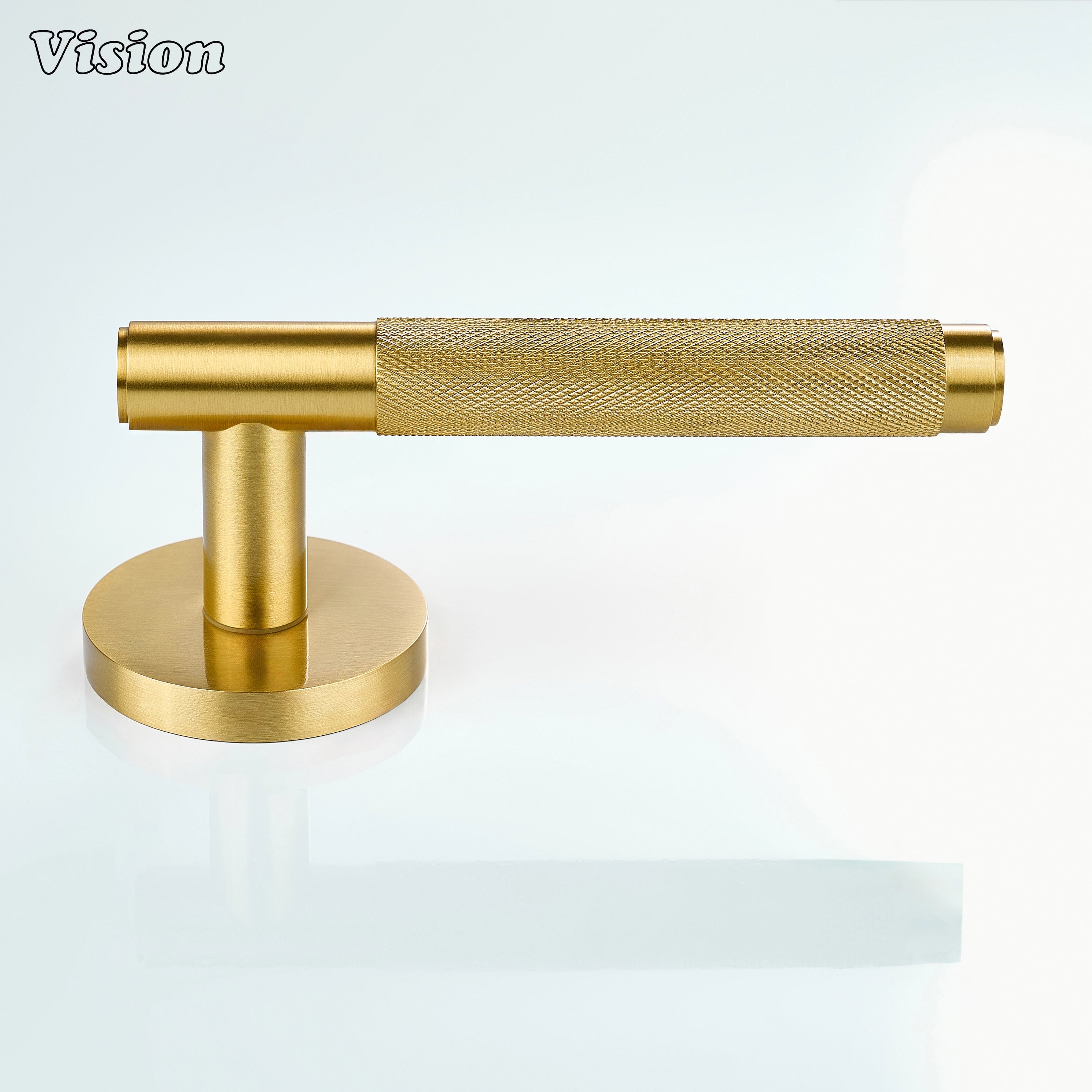 Gold knurled door lever handle installed on a bedroom door.