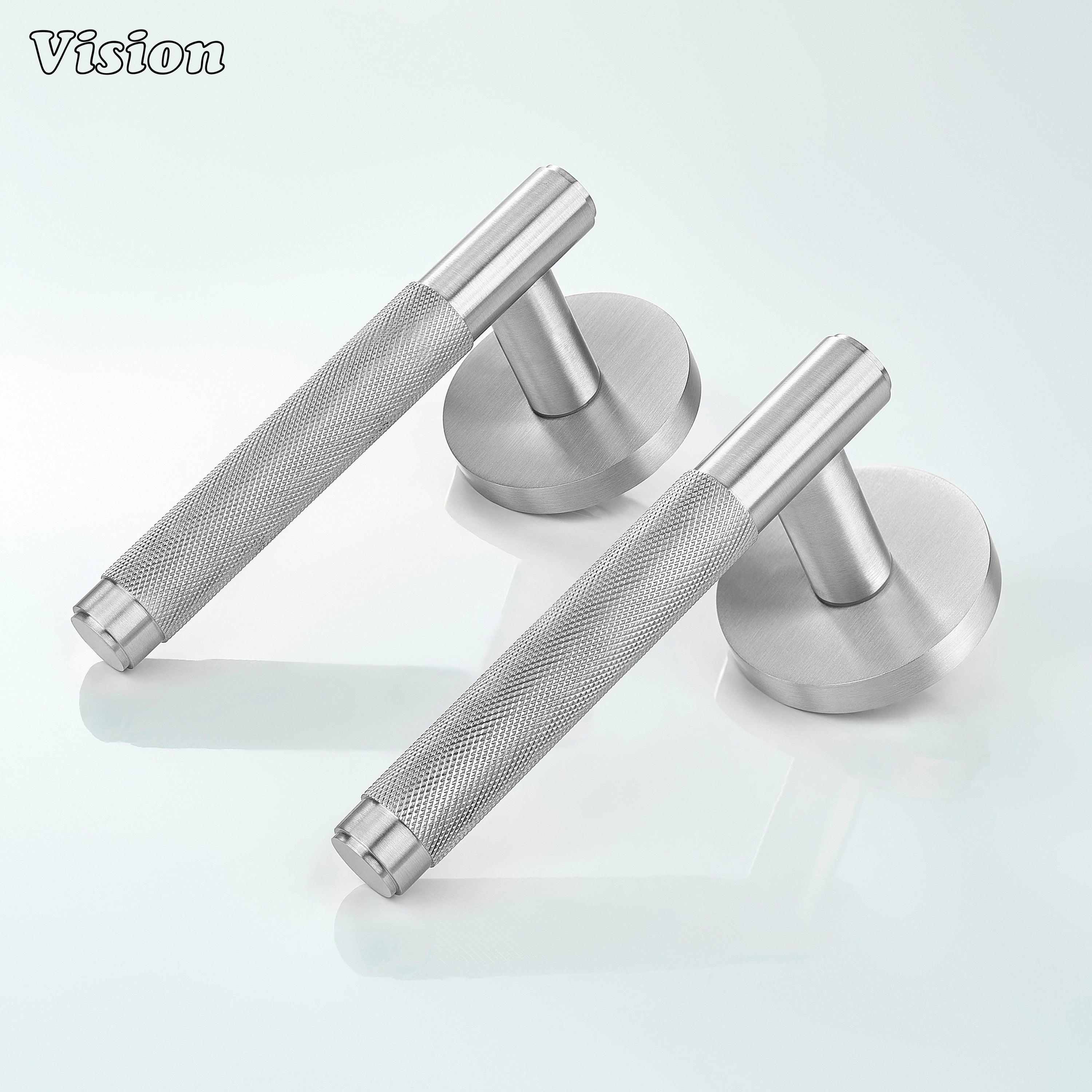 Silver knurled brass door lever handle for contemporary interior doors.