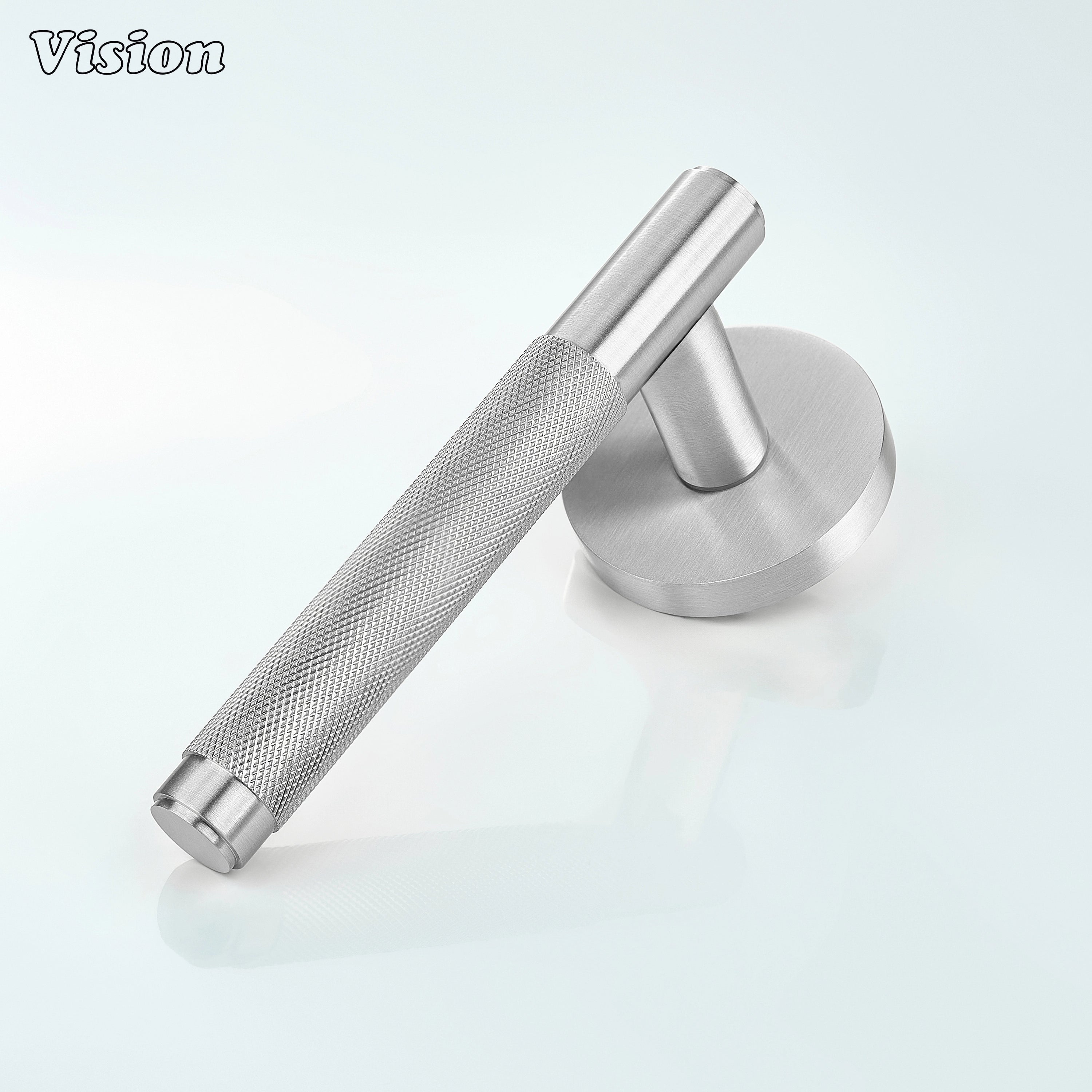 Solid brass silver door lever handle with textured grip for home interiors.