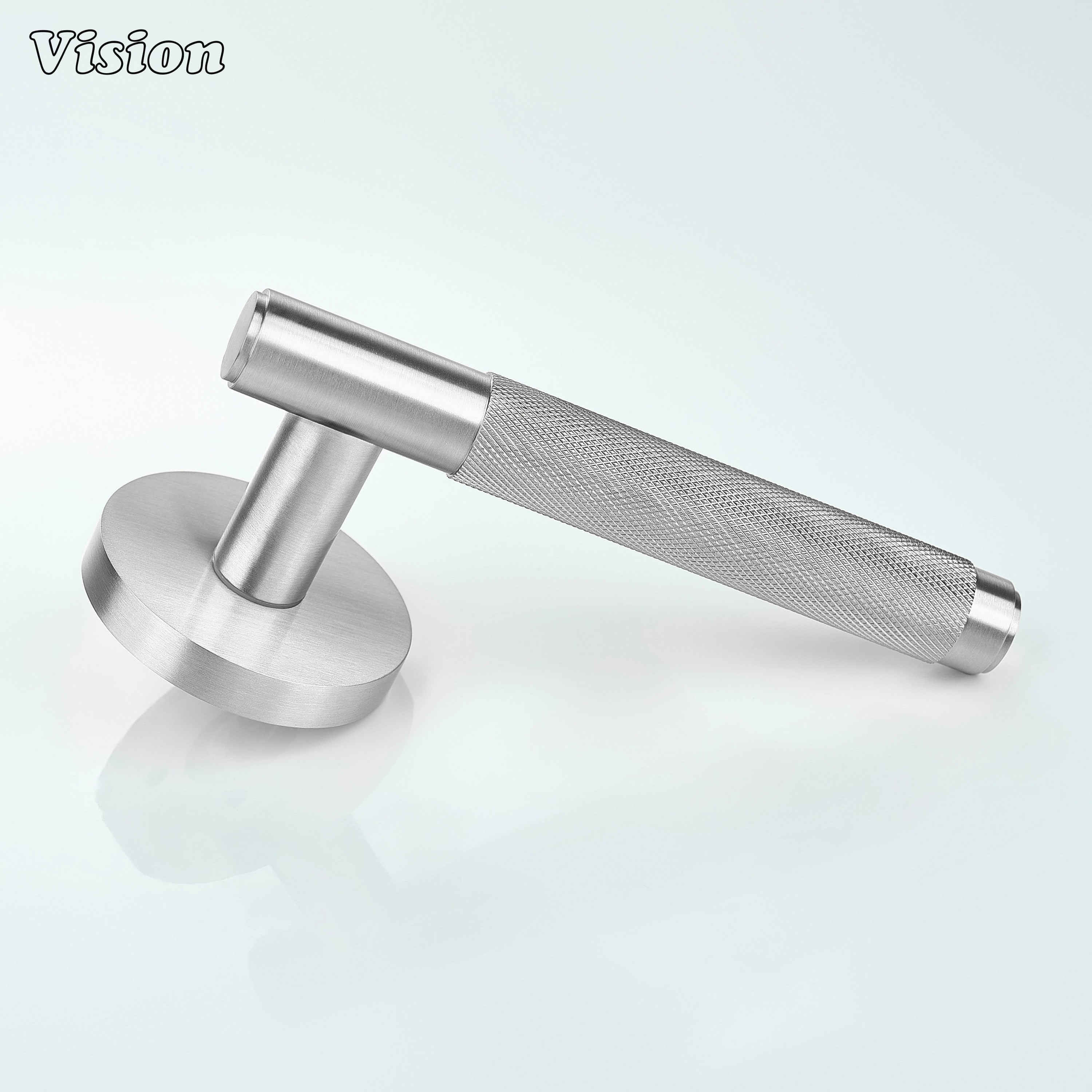 Premium silver brass lever handle with a refined knurled texture.