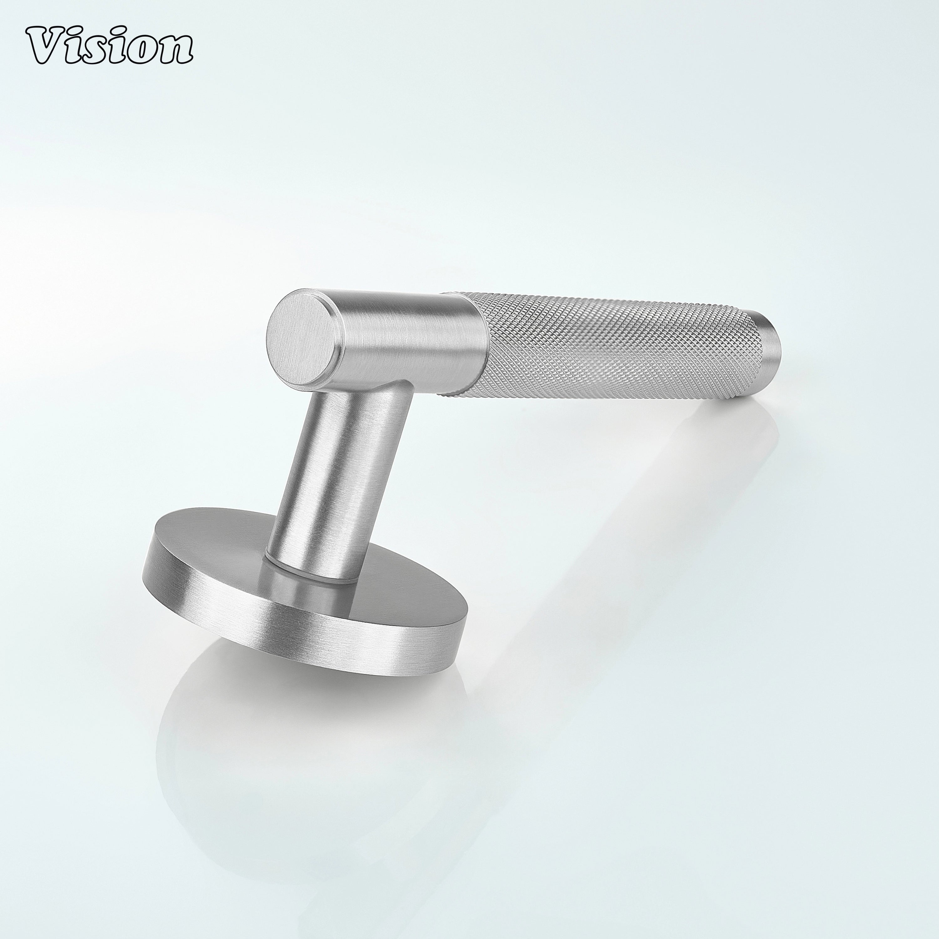 Sleek silver knurled lever handle suitable for living room doors.