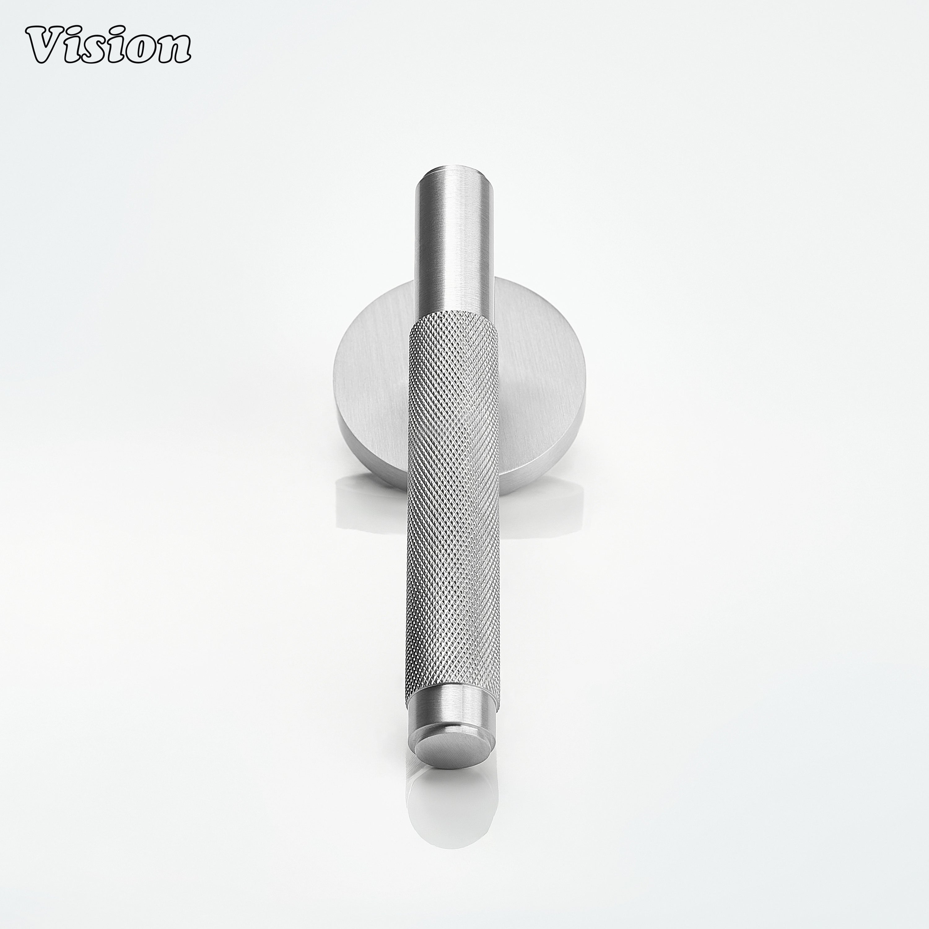 Modern silver knurled door lever handle for interior design projects.