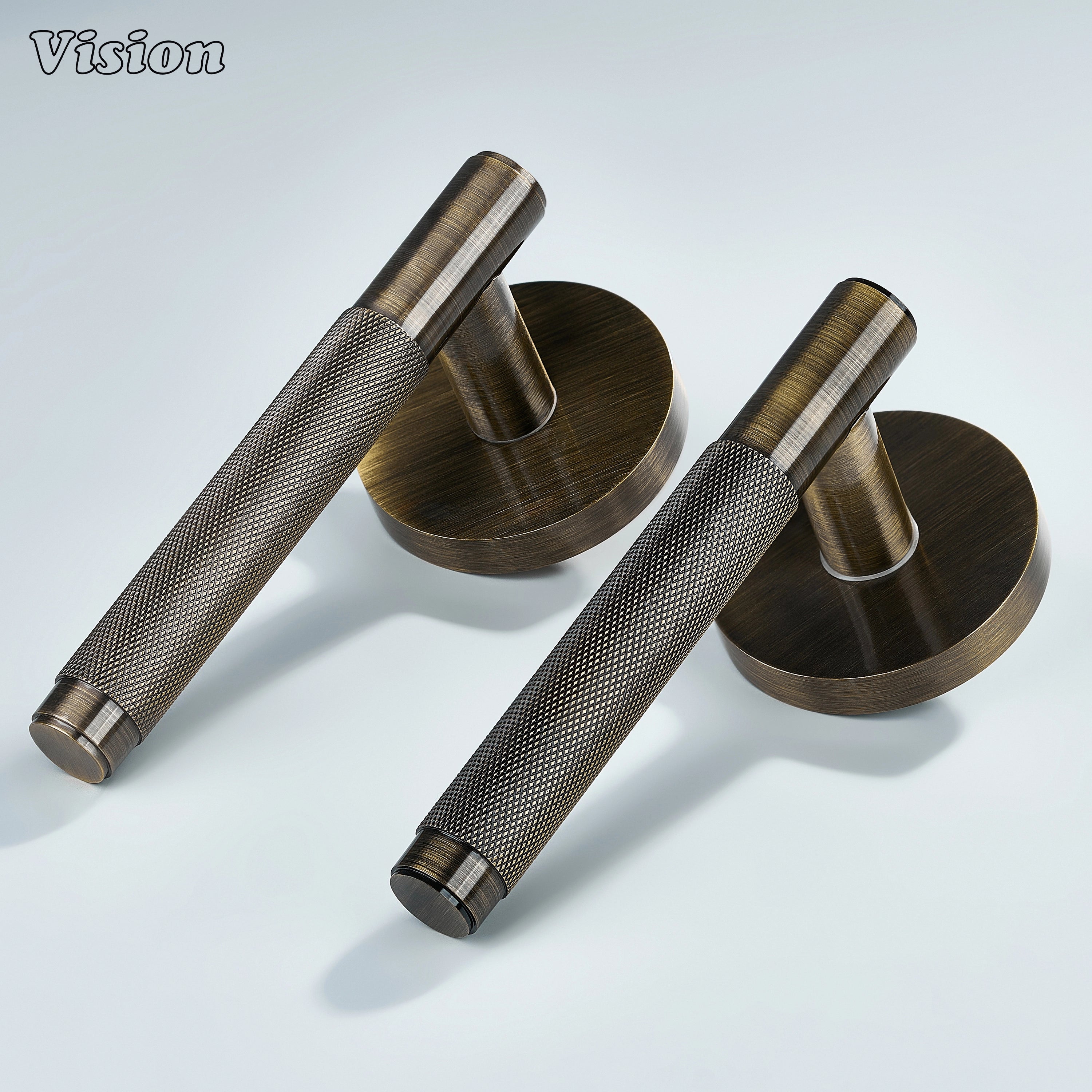 Antique bronze knurled brass door lever handle for classic interiors.