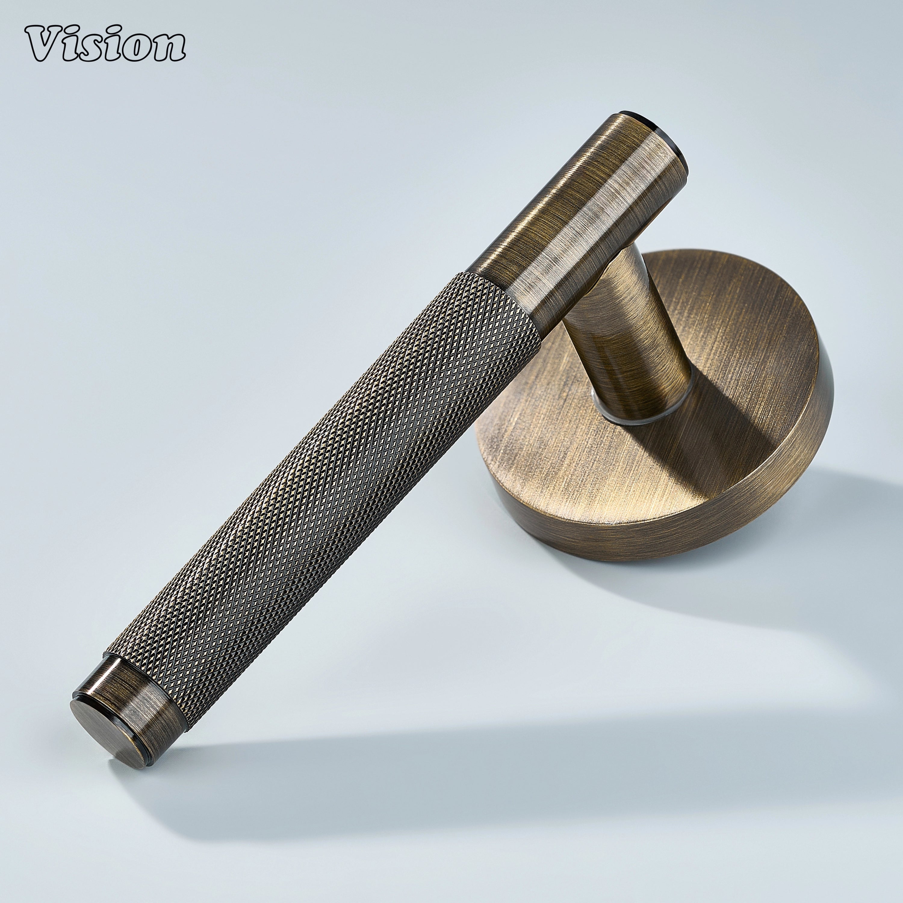 Antique bronze knurled door lever handle on an interior door.