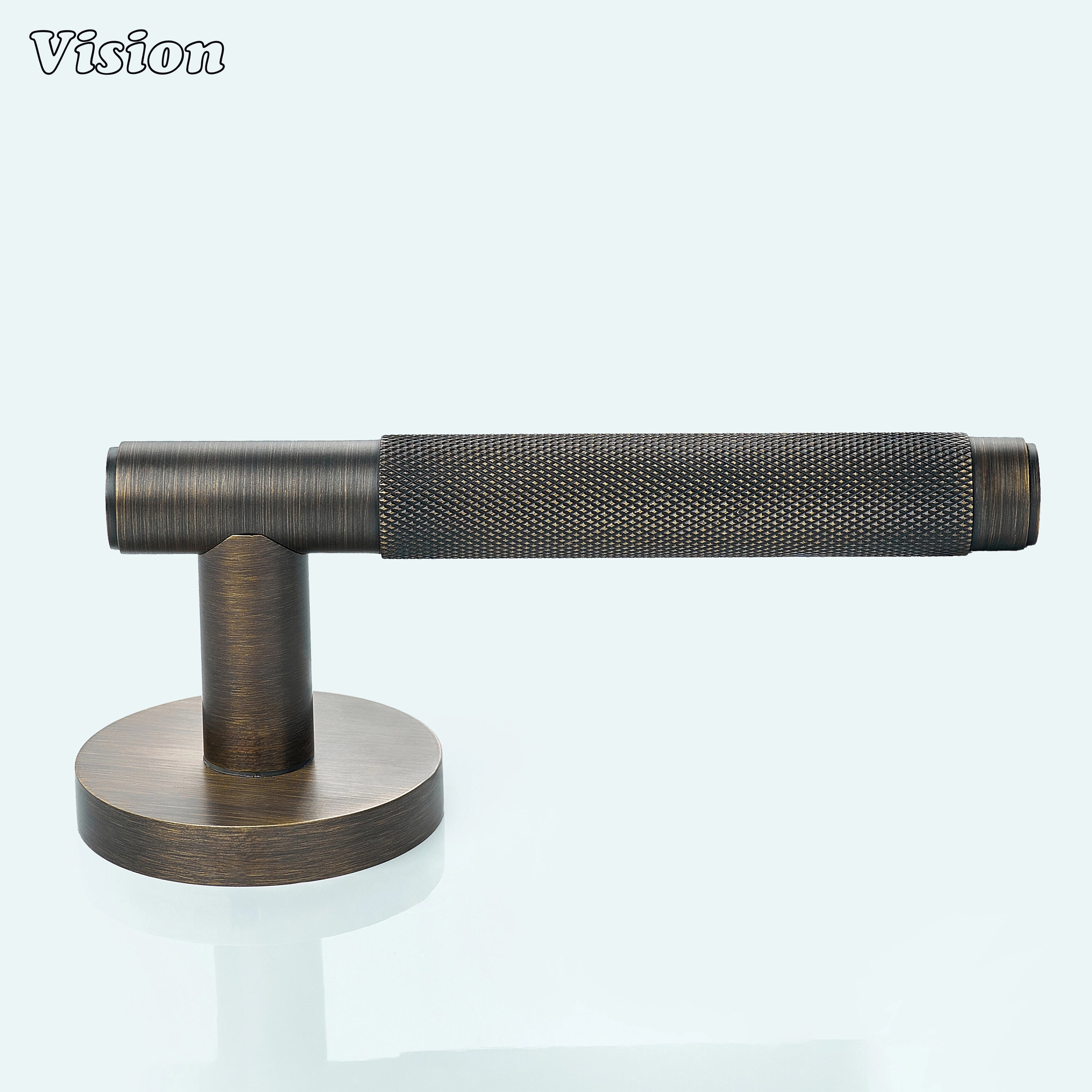 Antique bronze knurled door lever handle on an interior door