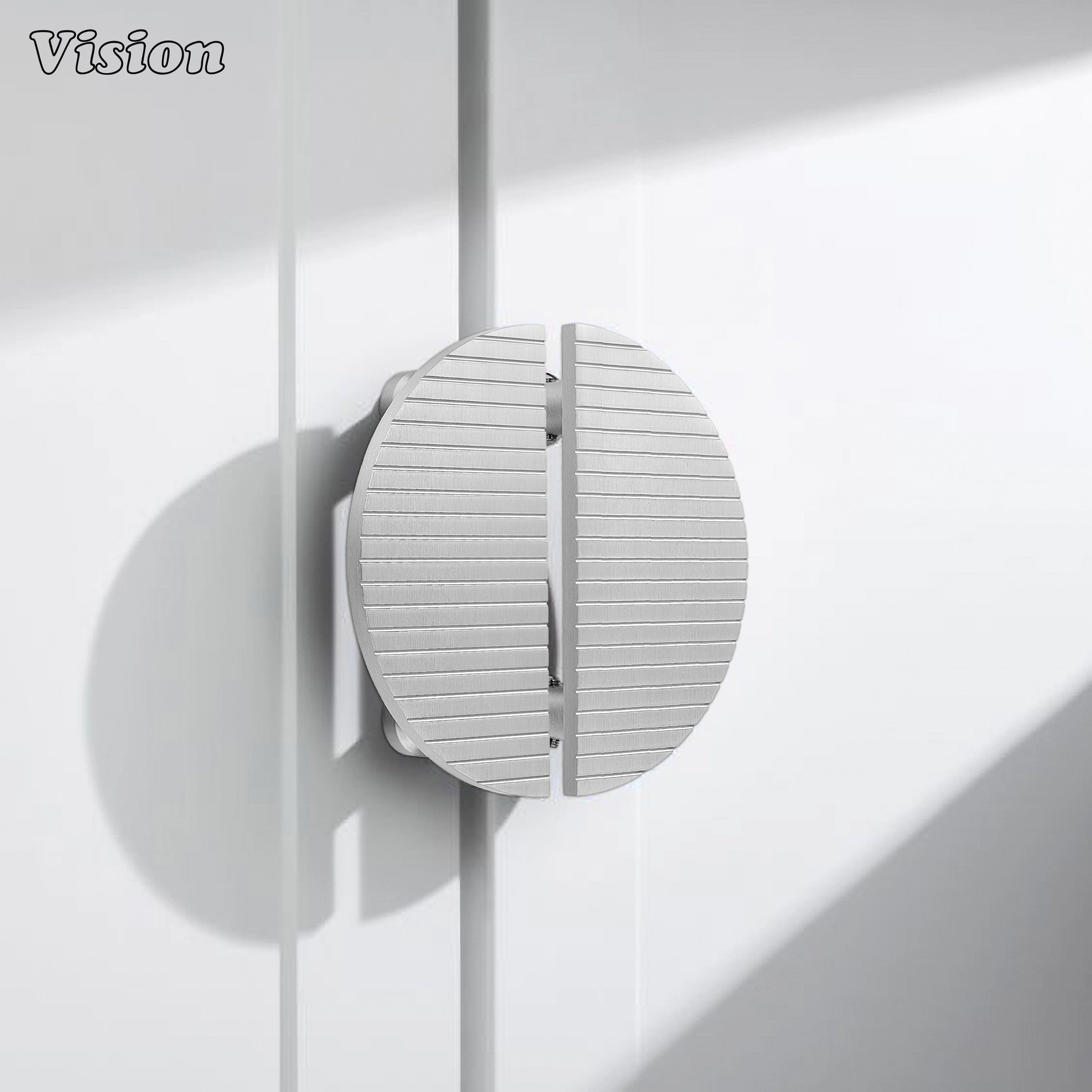 Silver half moon door handle with striped detailing for bedroom doors