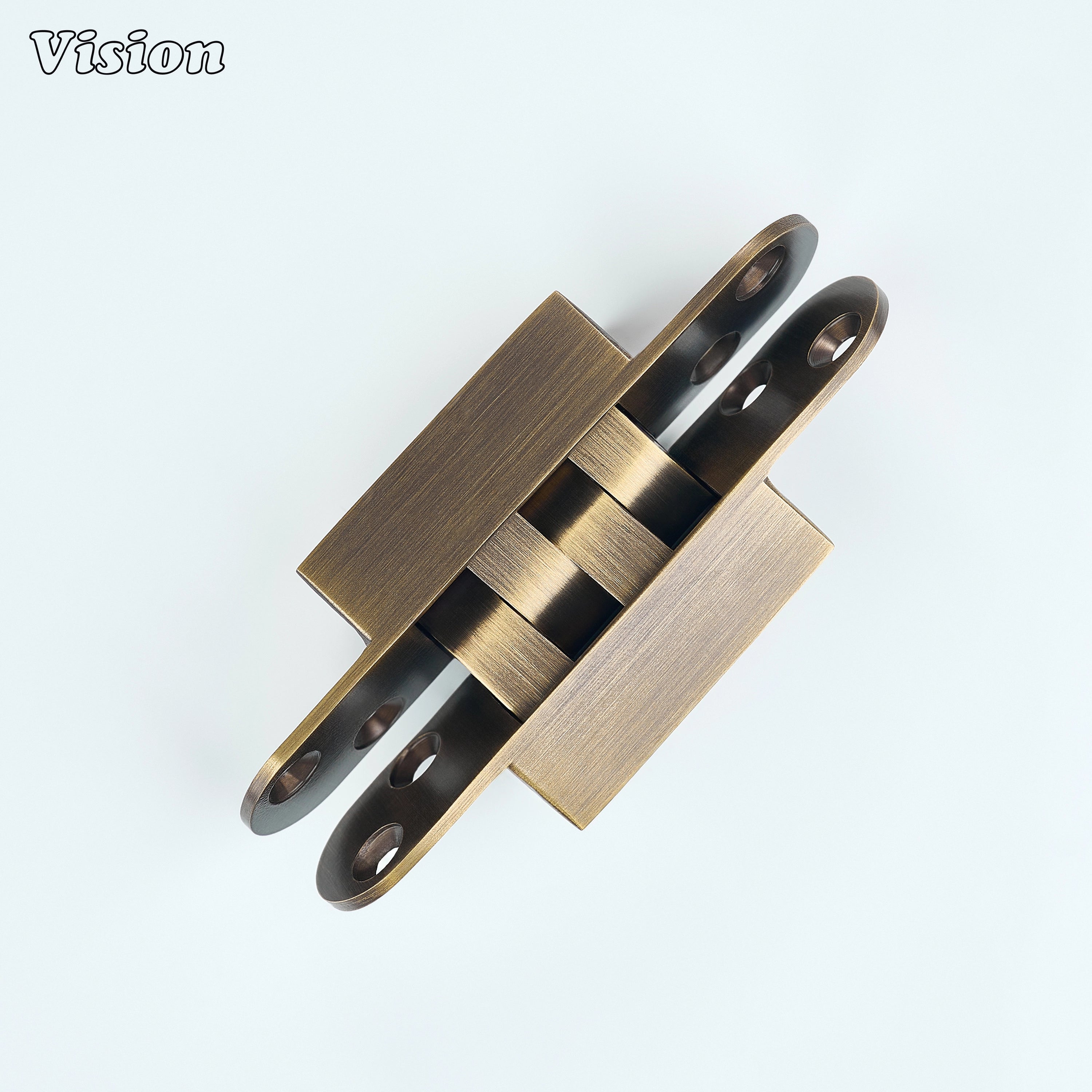 Antique Bronze concealed brass hinge featuring a smooth pivot mechanism for hidden pantry doors, drawers and cabinetry