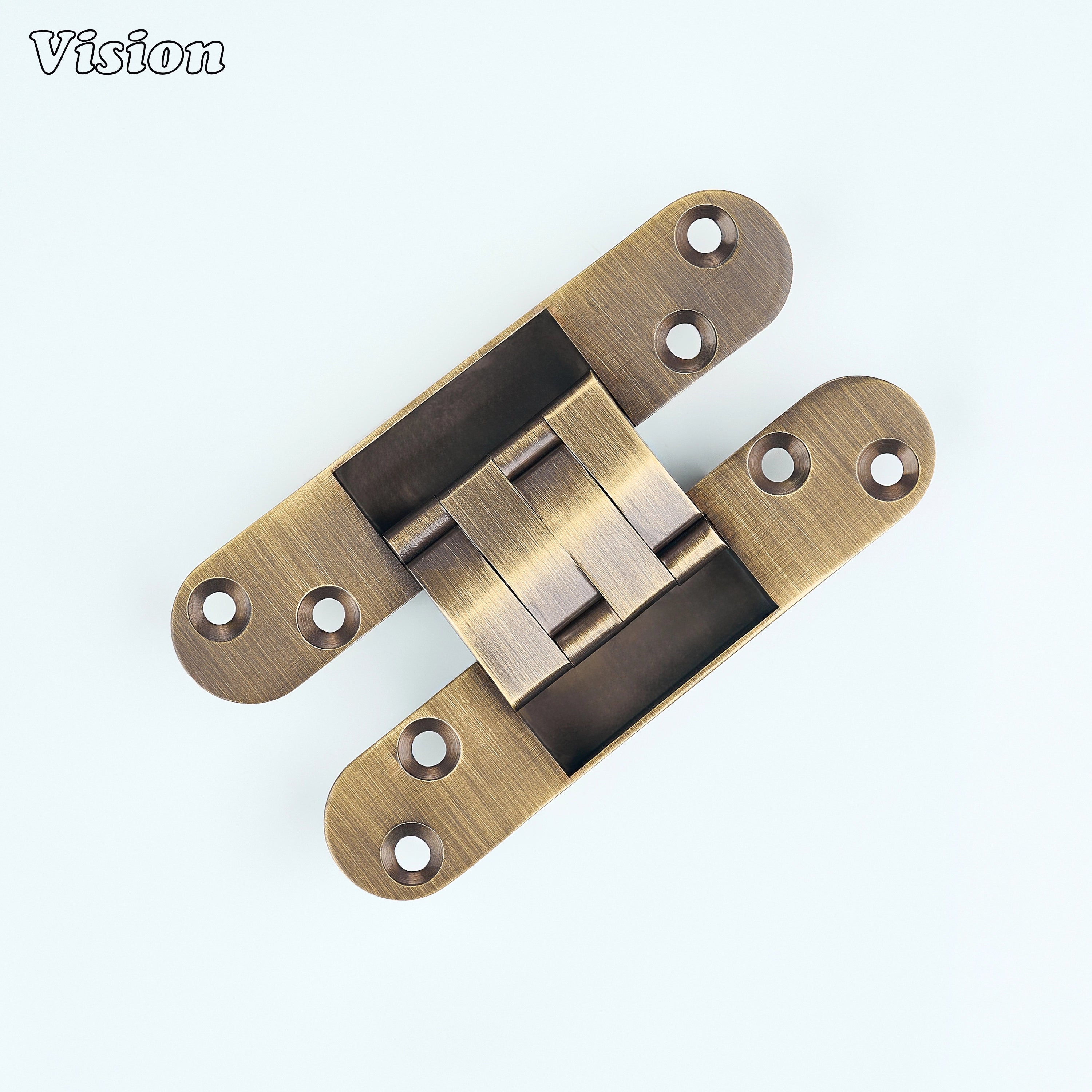 Antique Bronze architectural invisible hinge designed for hidden doors, kitchen cabinetry and contemporary furniture pieces