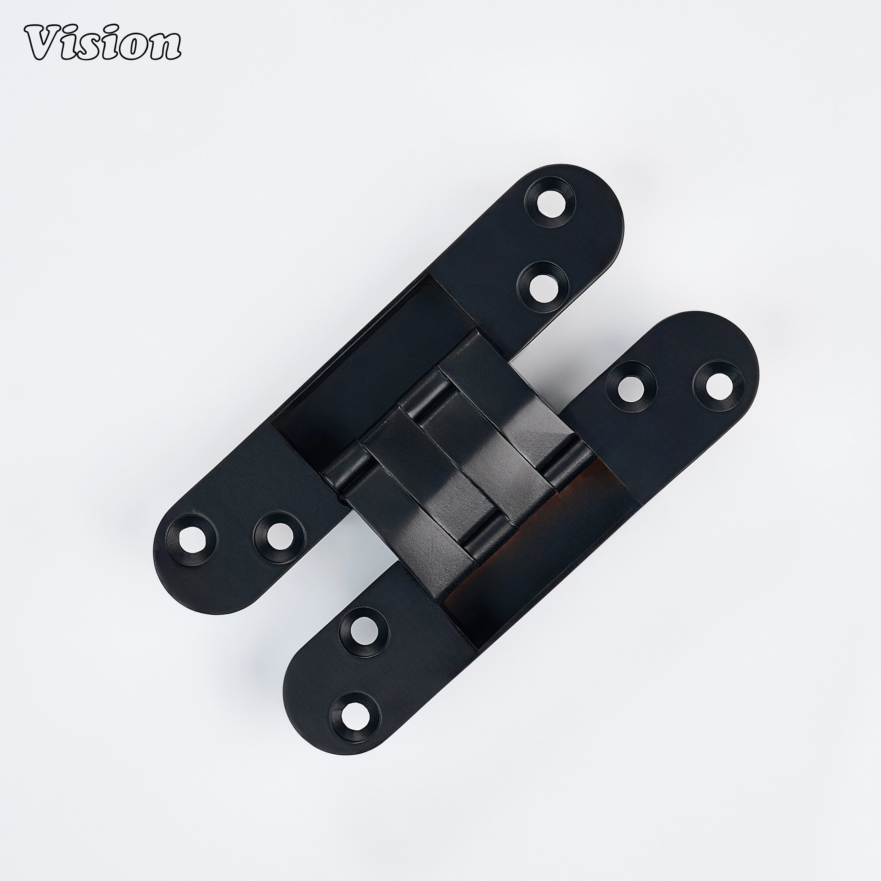 Black concealed brass hinge featuring a smooth pivot mechanism for hidden pantry doors, drawers and cabinetry