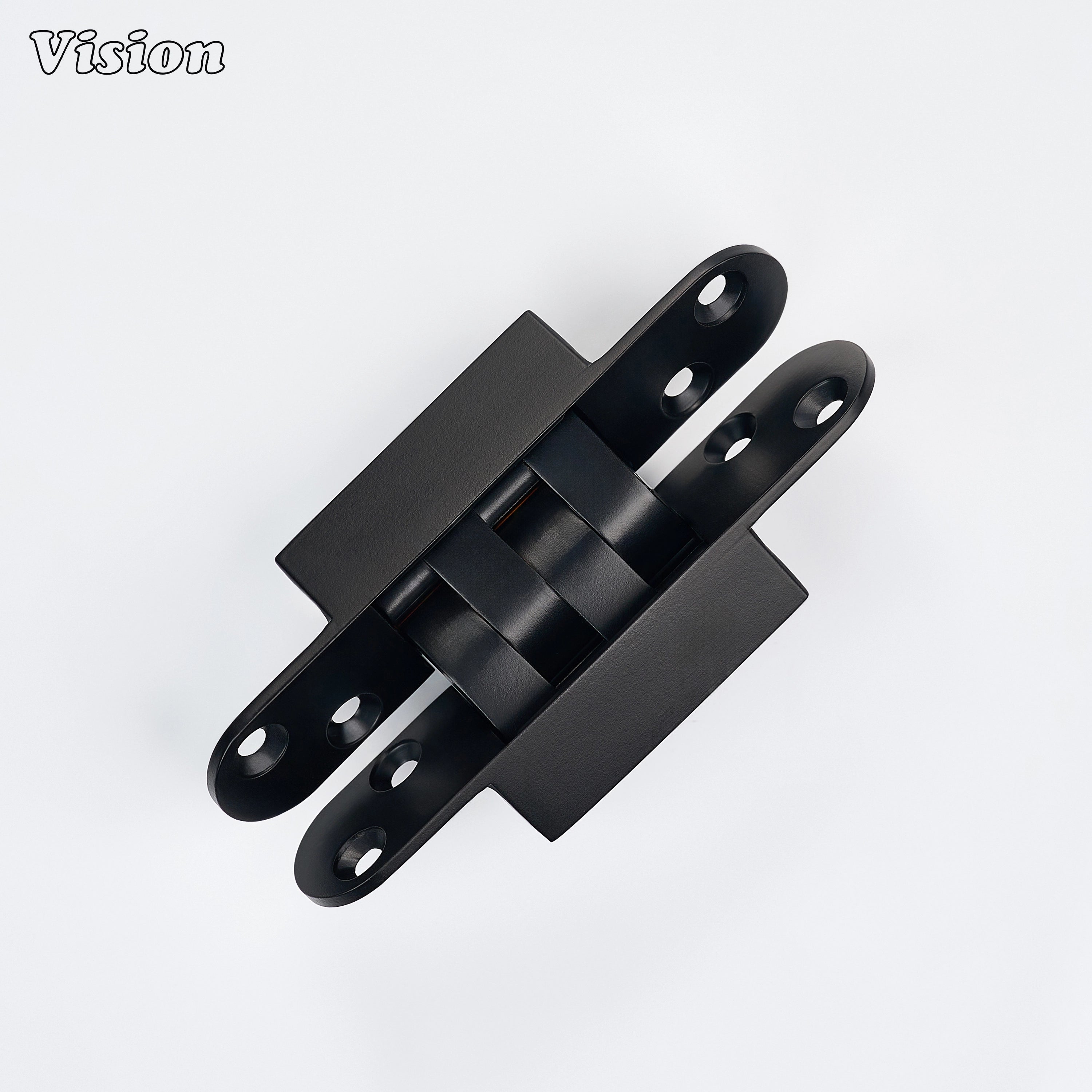 Black flush-mount invisible hinge in solid brass for secret doors, luxury cabinetry and interior furniture applications