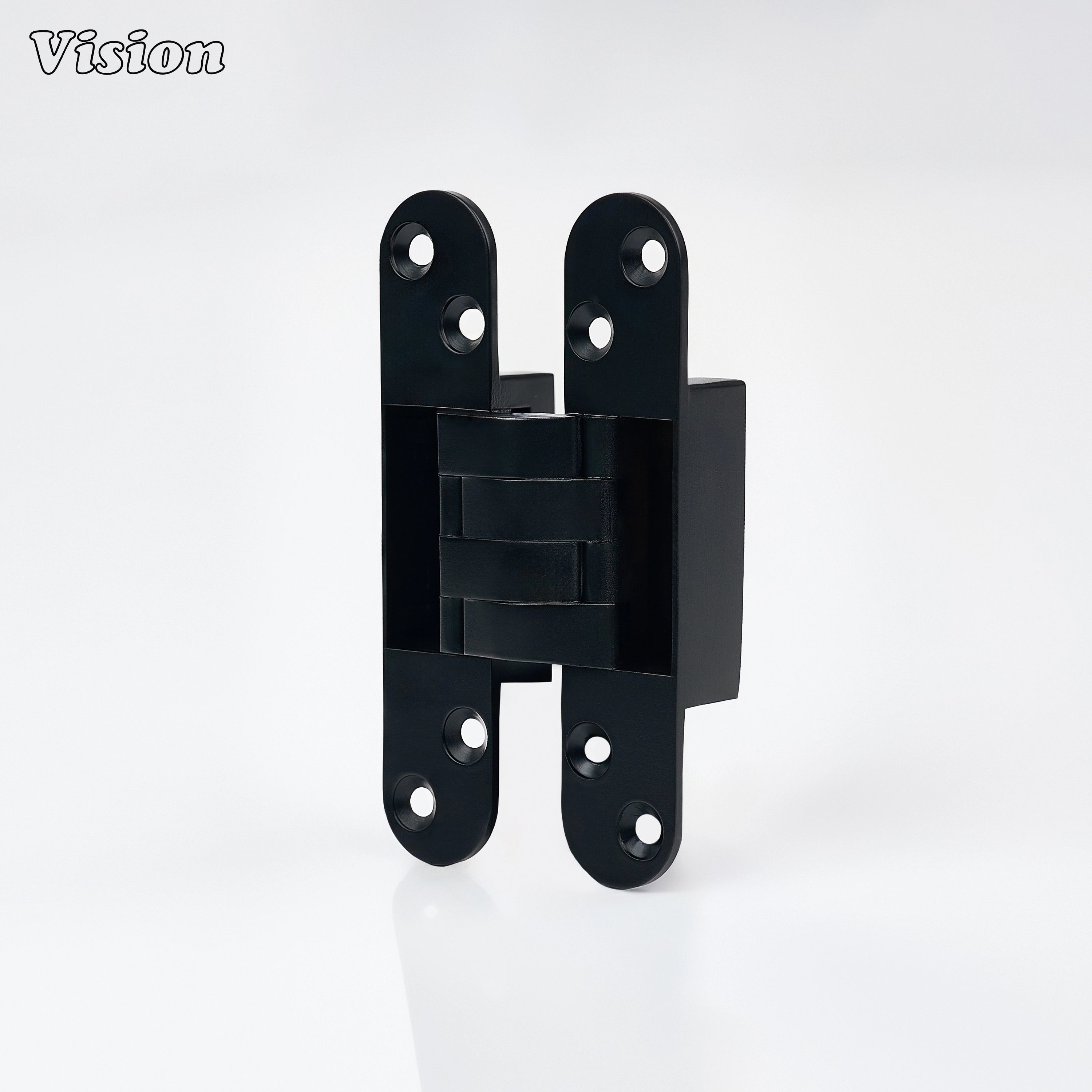 Black concealed hinge with integrated pivot construction for minimalist cabinets, wardrobes and custom millwork